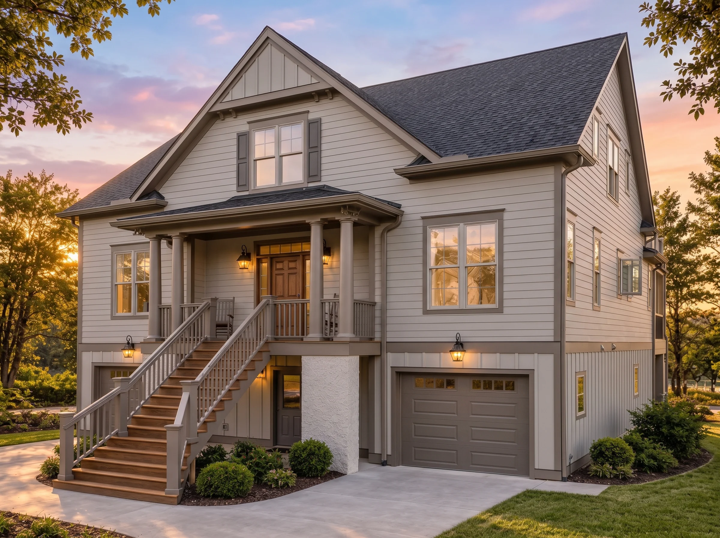 Plan  14-MOUNTFORD – Pecan Brook Cottage | Coastal Traditional – 4-Bed, 3-Bath, 3,291 SF - Mushroom Taupe, AI-generated exterior concept