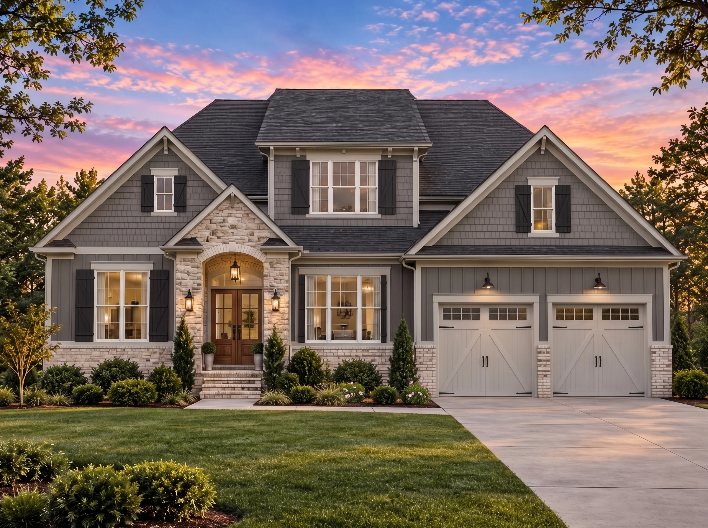 Plan  15-1044 – Aster River Villa |  Traditional Colonial – 4-Bed, 3.5-Bath, 2,648 SF - Warm Charcoal, AI-generated exterior concept