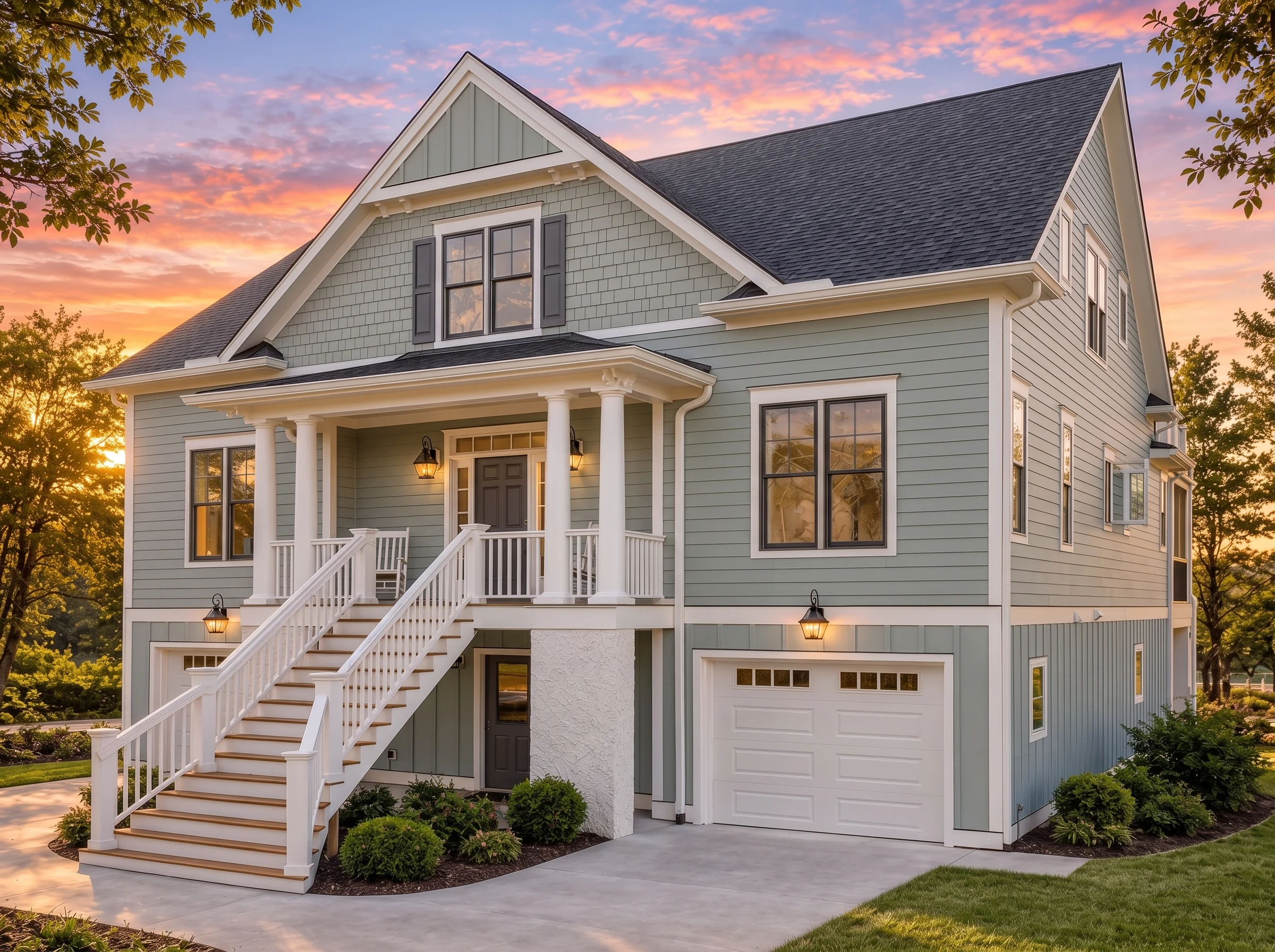 Plan  14-MOUNTFORD – Pecan Brook Cottage | Coastal Traditional – 4-Bed, 3-Bath, 3,291 SF - Muted Sage, AI-generated exterior concept