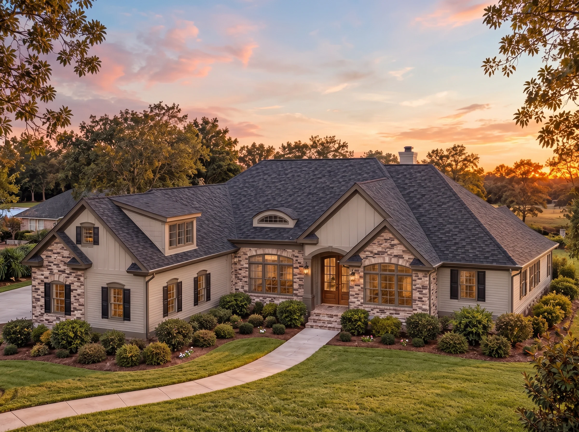 Plan  15-1009 – Alder Grove Manor |  New American – 3-Bed, 4.5-Bath, 3,963 SF - Mushroom Taupe, AI-generated exterior concept