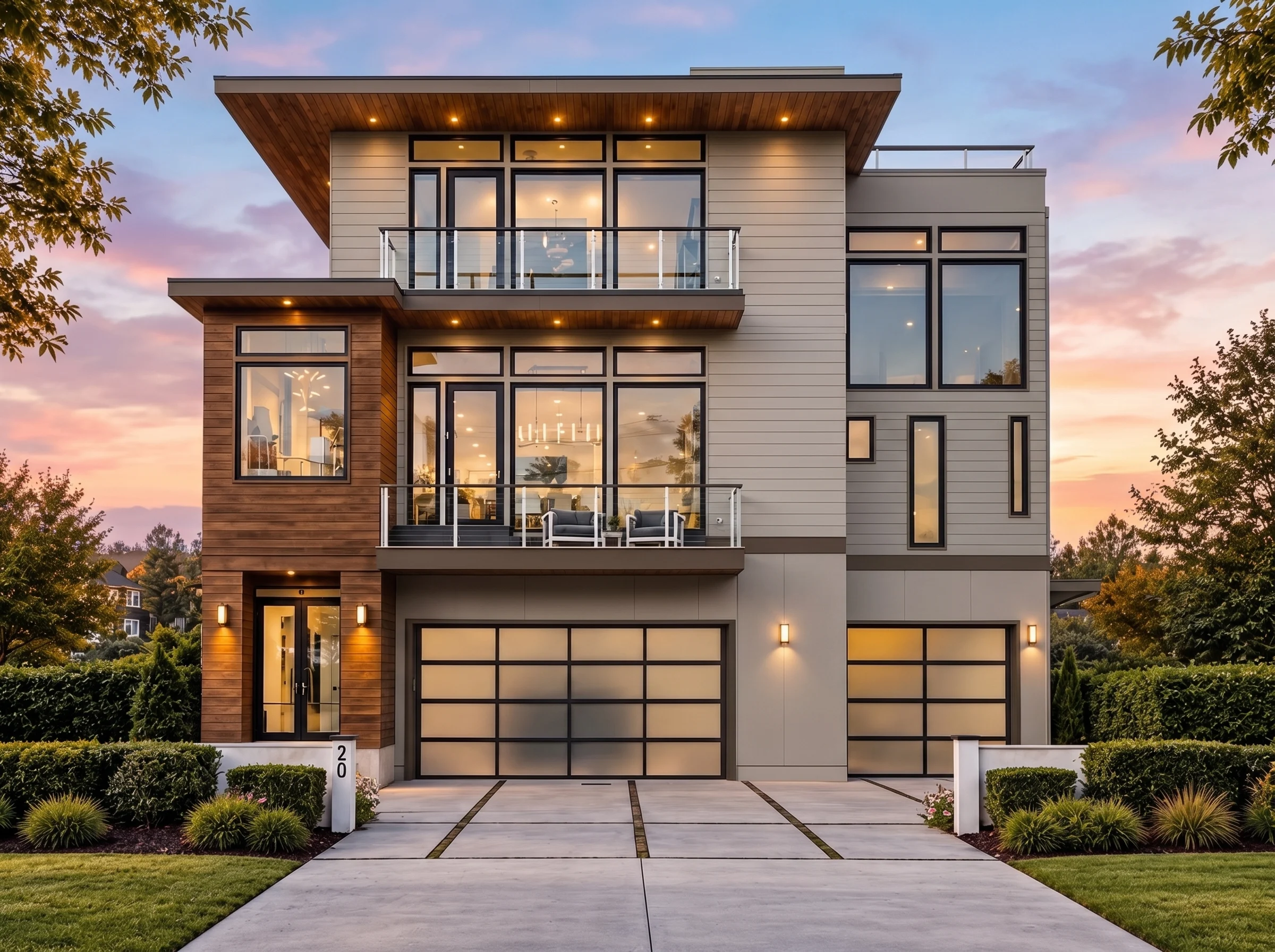 Plan  15-1019 – Aster Bend Retreat |  Modern Contemporary – 4-Bed, 5-Bath, 4,200 SF - Mushroom Taupe, AI-generated exterior concept
