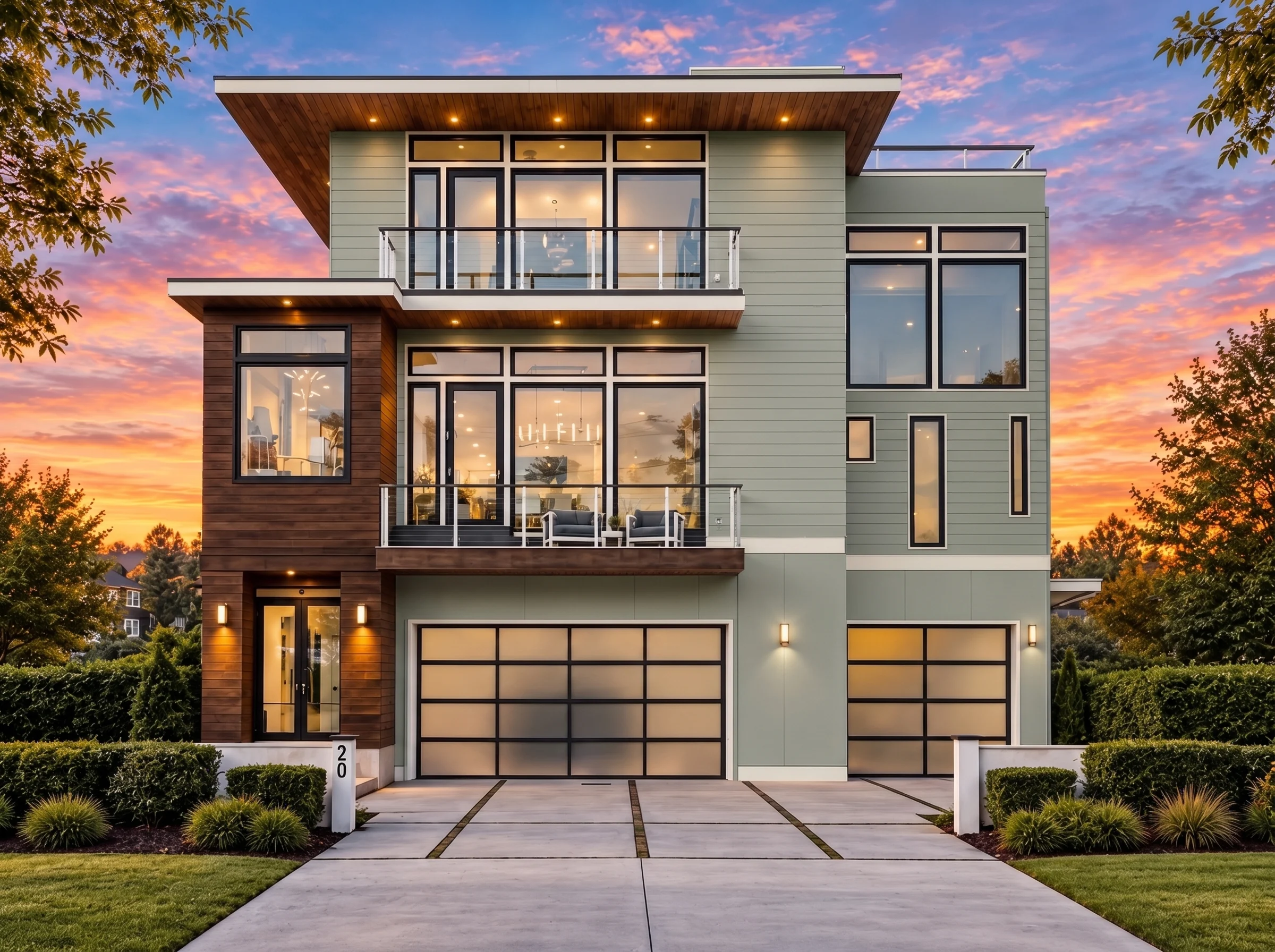 Plan  15-1019 – Aster Bend Retreat |  Modern Contemporary – 4-Bed, 5-Bath, 4,200 SF - Muted Sage, AI-generated exterior concept