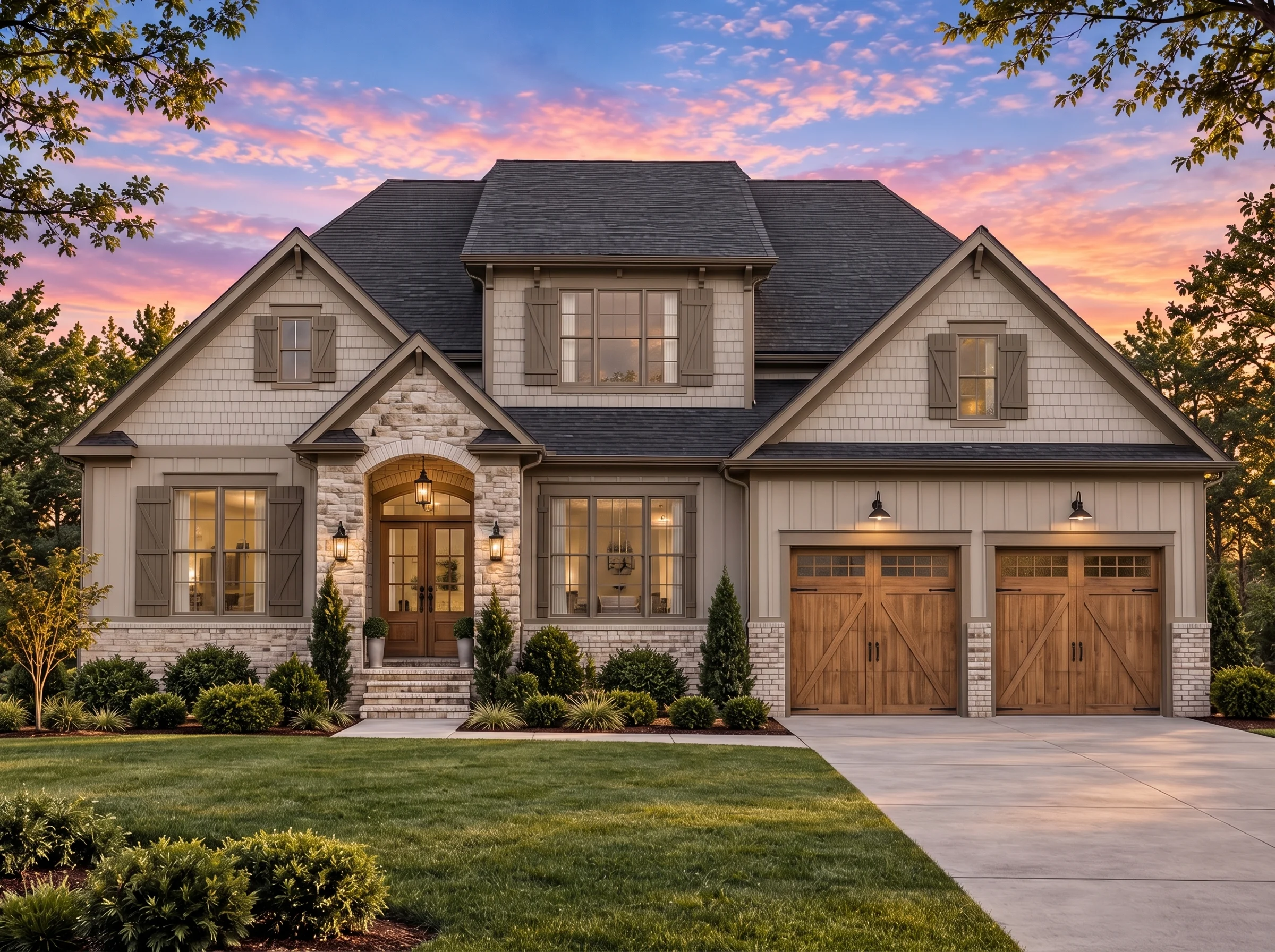 Plan  15-1044 – Aster River Villa |  Traditional Colonial – 4-Bed, 3.5-Bath, 2,648 SF - Mushroom Taupe, AI-generated exterior concept