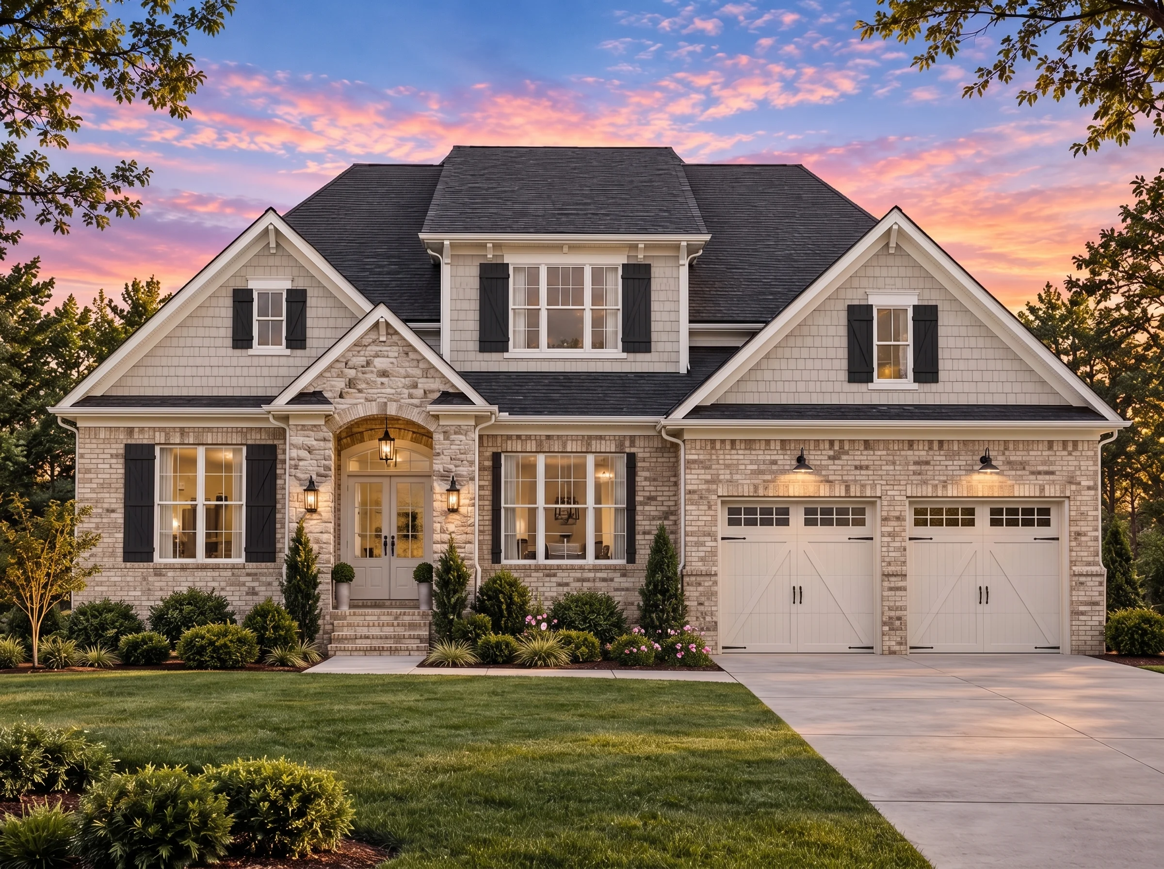 Plan  15-1044 – Aster River Villa |  Traditional Colonial – 4-Bed, 3.5-Bath, 2,648 SF - Natural Brick, AI-generated exterior concept
