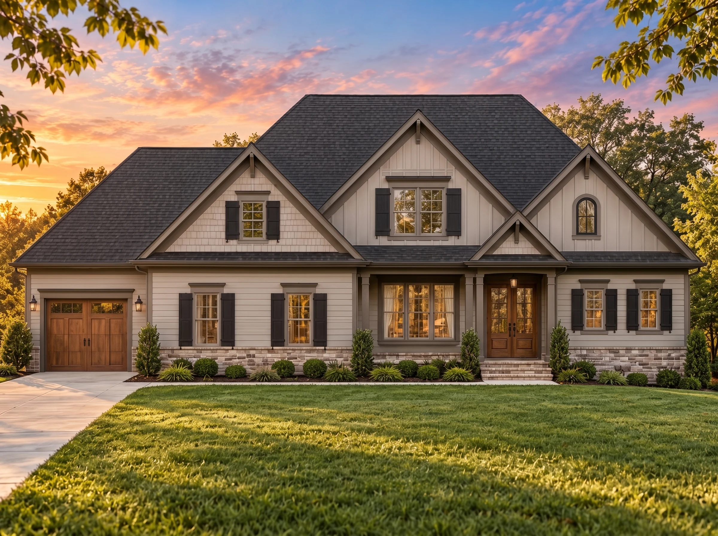 Plan  15-1061 – Auburn Run Haven |  New American – 4-Bed, 3.5-Bath, 2,625 SF - Mushroom Taupe, AI-generated exterior concept