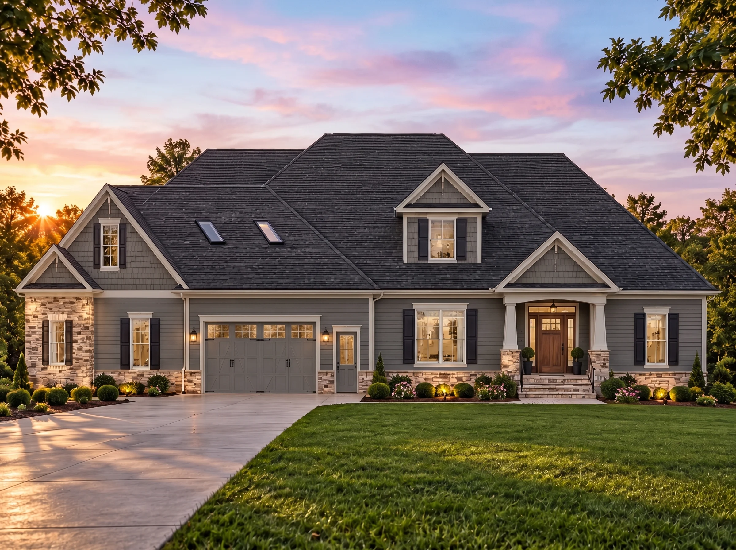Plan  15-1160 – Contour House |  Traditional Ranch – 3-Bed, 2.5-Bath, 3,939 SF - Warm Charcoal, AI-generated exterior concept