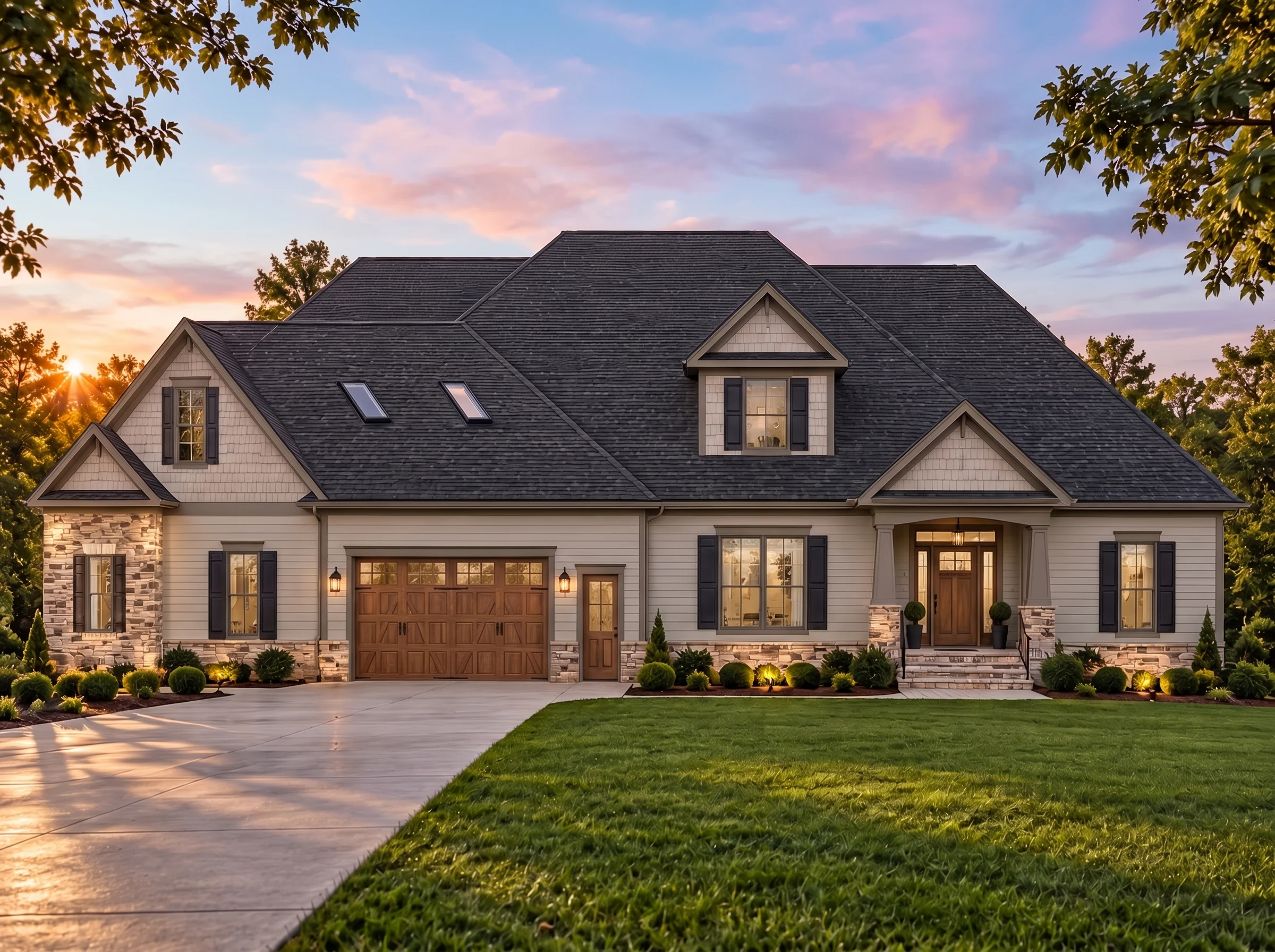 Plan  15-1160 – Contour House |  Traditional Ranch – 3-Bed, 2.5-Bath, 3,939 SF - Mushroom Taupe, AI-generated exterior concept