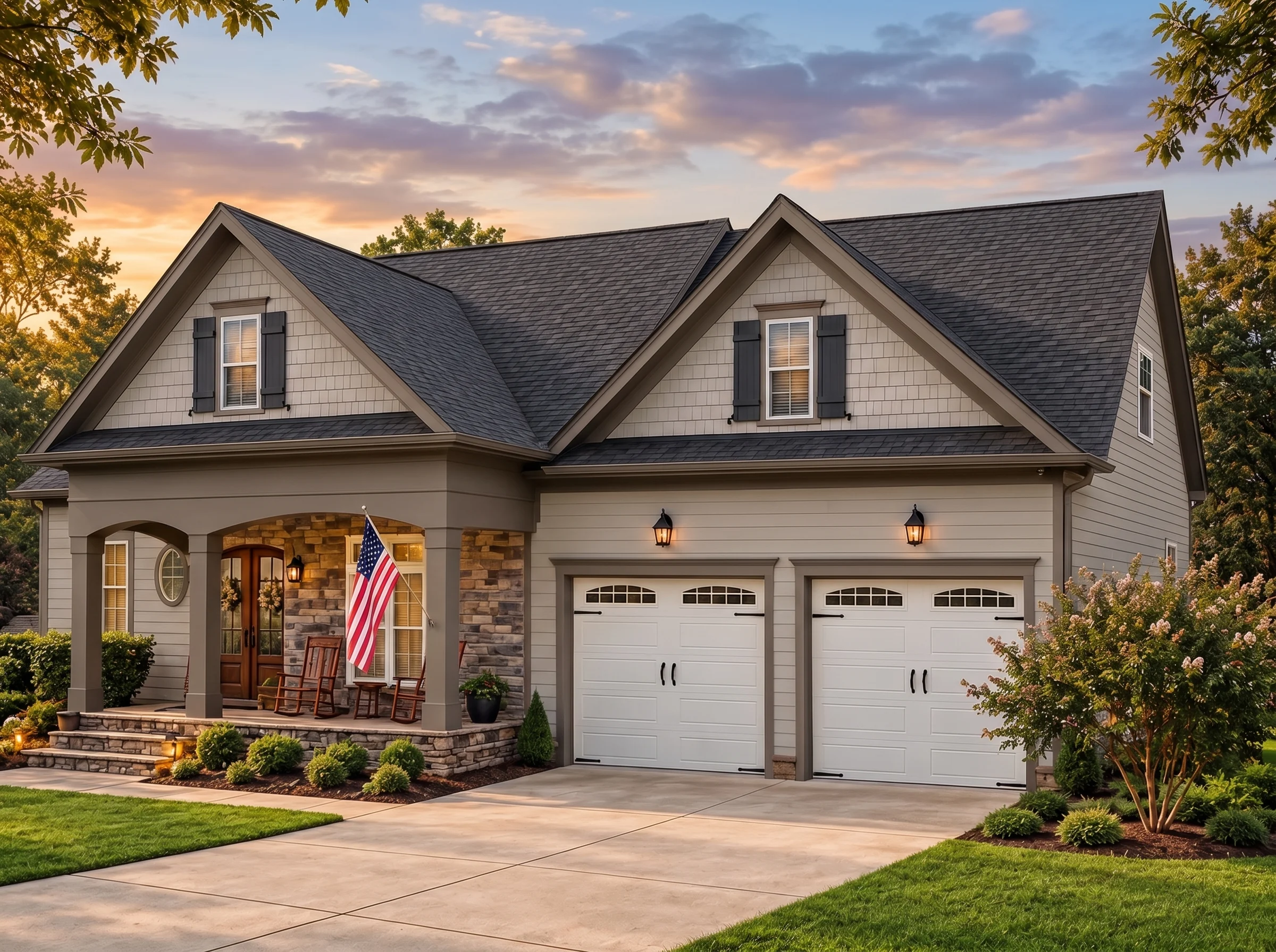Plan  15-1162 – Auburn Trail Hall |  New American – 4-Bed, 4-Bath, 3,180 SF - Mushroom Taupe, AI-generated exterior concept