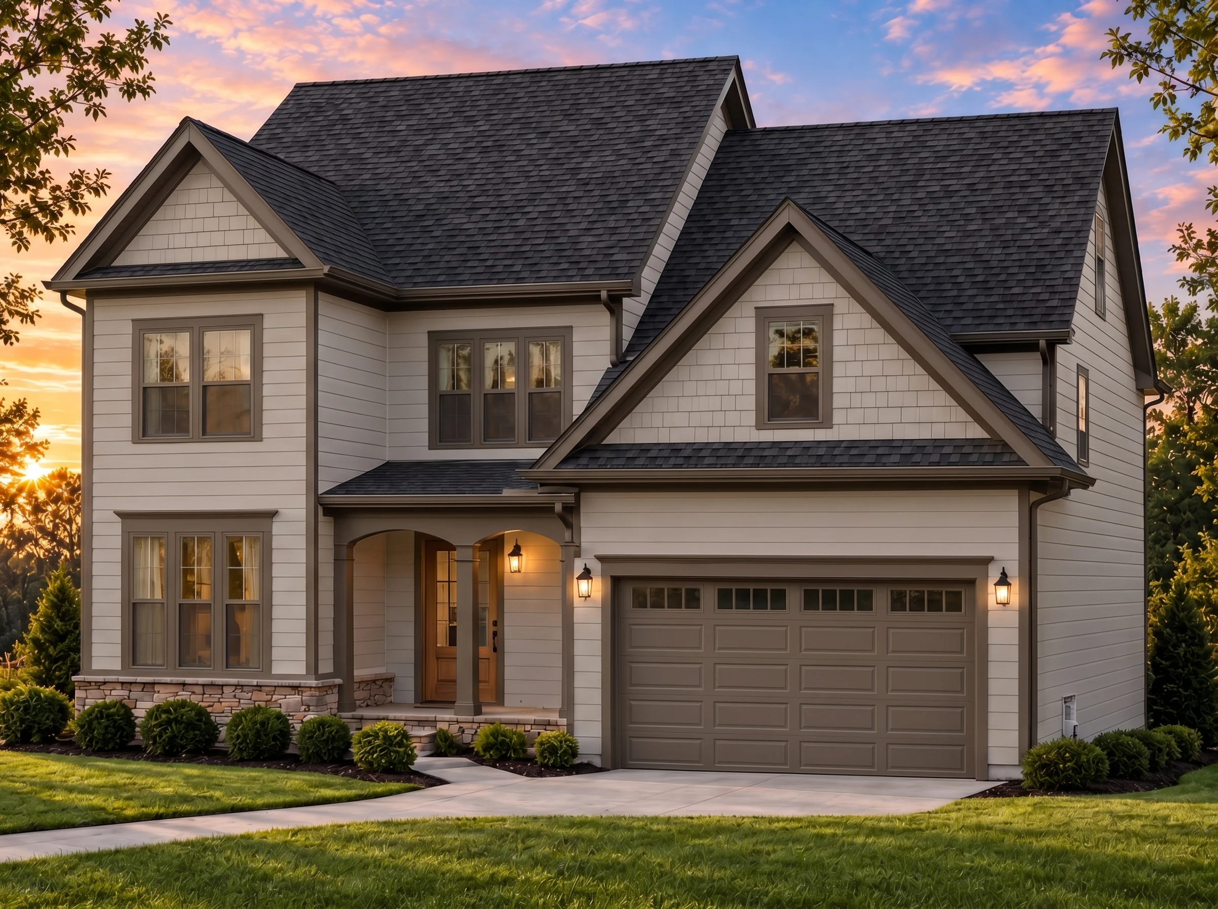 Plan  15-1063 – Bulverton House |  New American – 4-Bed, 3.5-Bath, 2,396 SF - Mushroom Taupe, AI-generated exterior concept