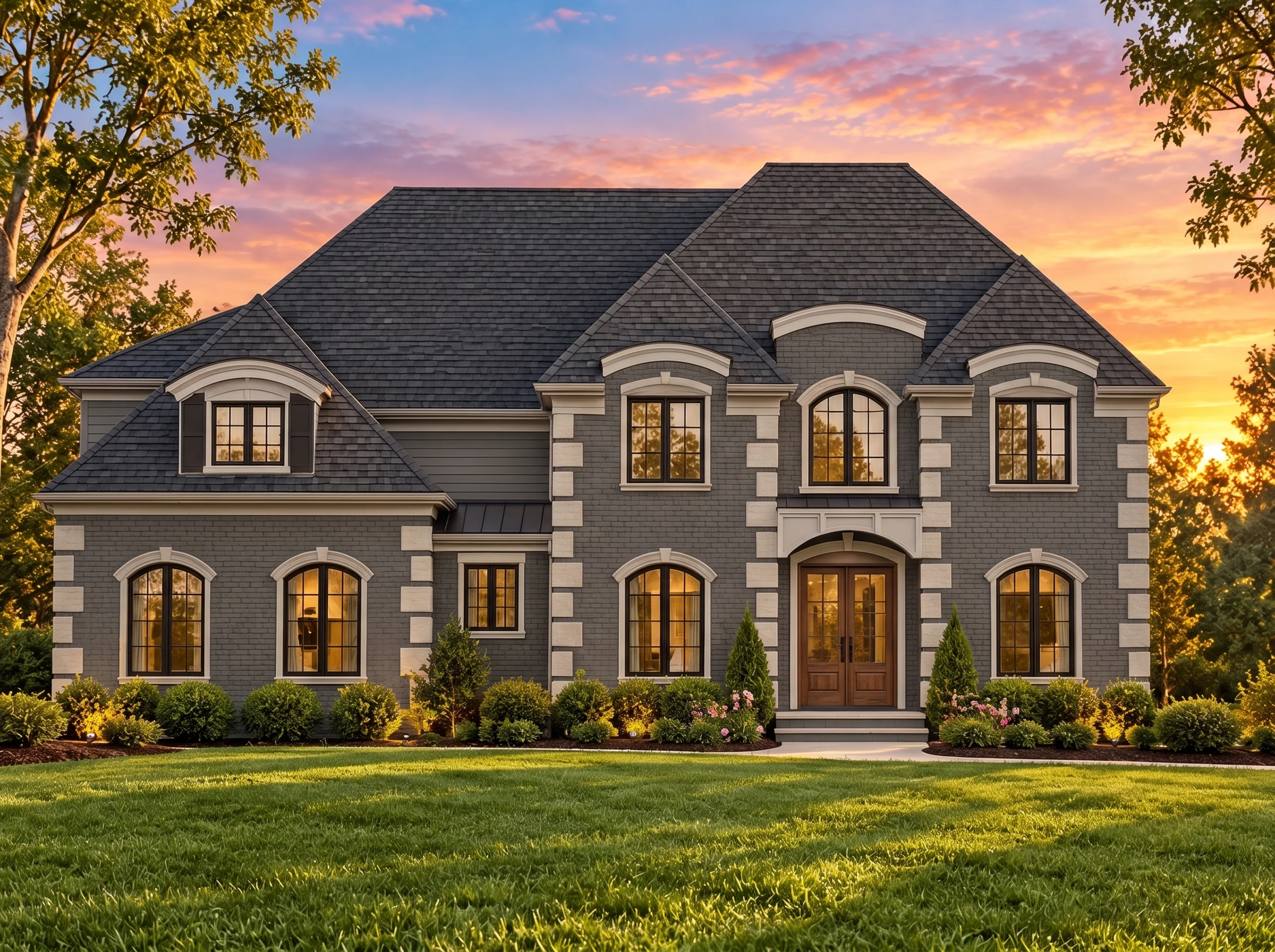 Plan  15-1175 – Cedar Valley Estate  | French Country – 5-Bed, 4.5-Bath, 4,705 SF - Warm Charcoal, AI-generated exterior concept