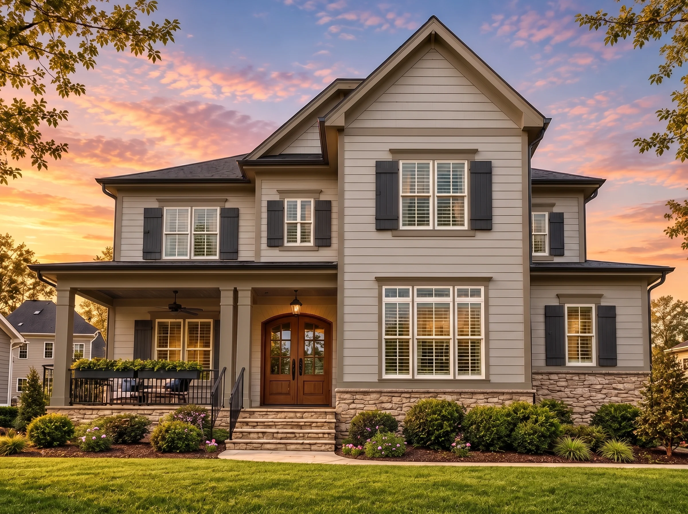 Plan  15-1206 – Willow Bluff Retreat  | New American – 5-Bed, 5-Bath, 3,487 SF - Mushroom Taupe, AI-generated exterior concept