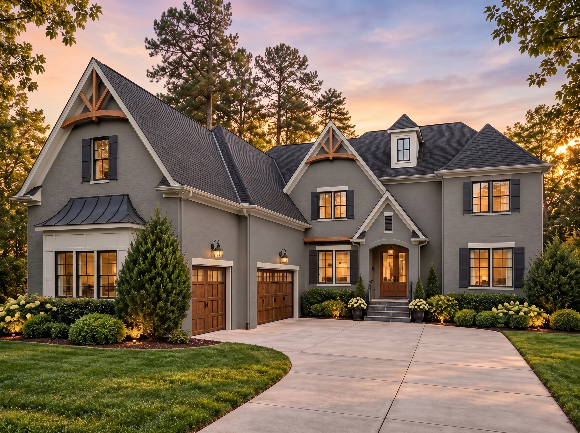 Plan  15-1243 – Aster Woods Cottage  | New American – 4-Bed, 5-Bath, 5,052 SF - Warm Charcoal, AI-generated exterior concept