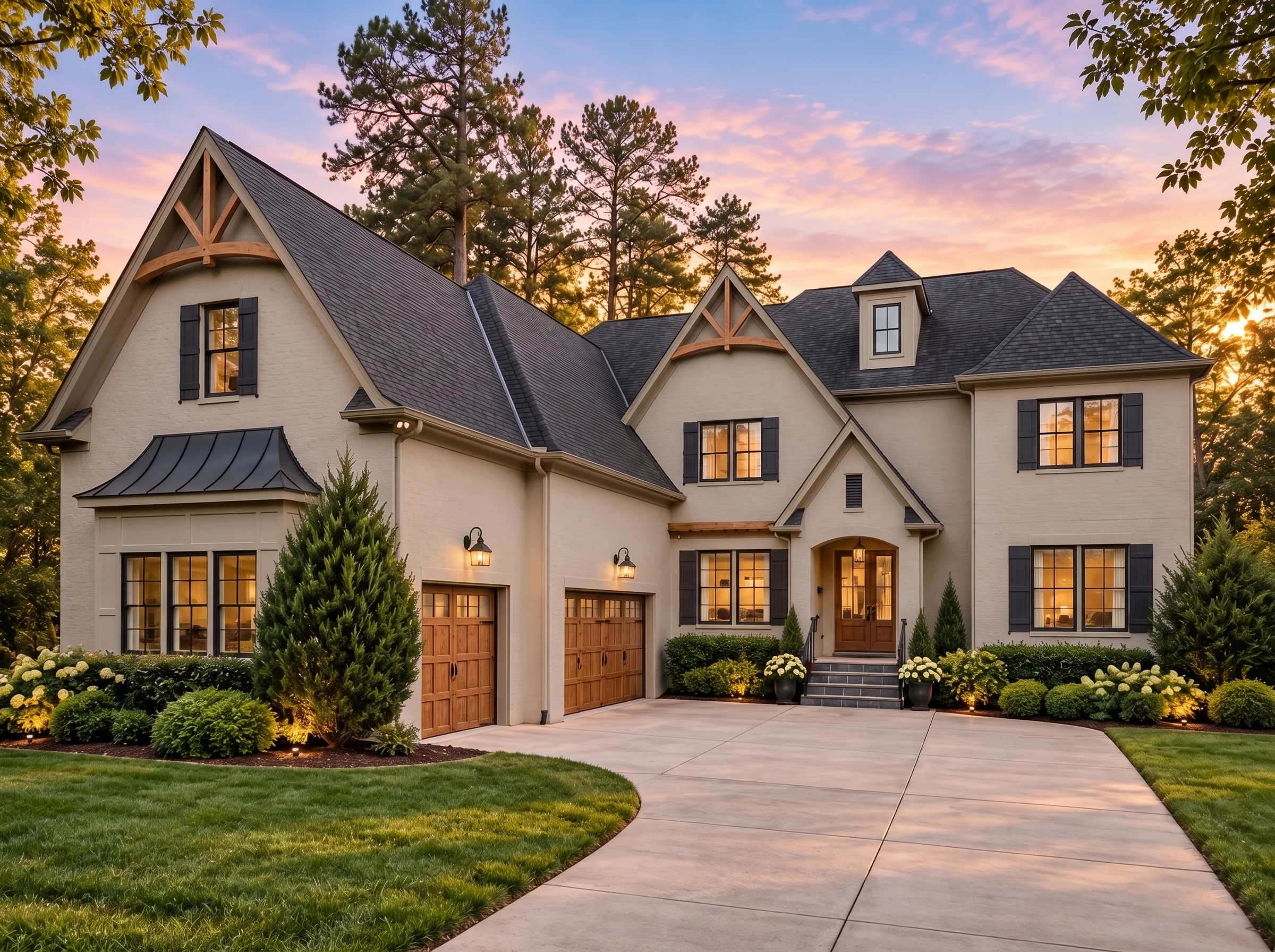 Plan  15-1243 – Aster Woods Cottage  | New American – 4-Bed, 5-Bath, 5,052 SF - Mushroom Taupe, AI-generated exterior concept