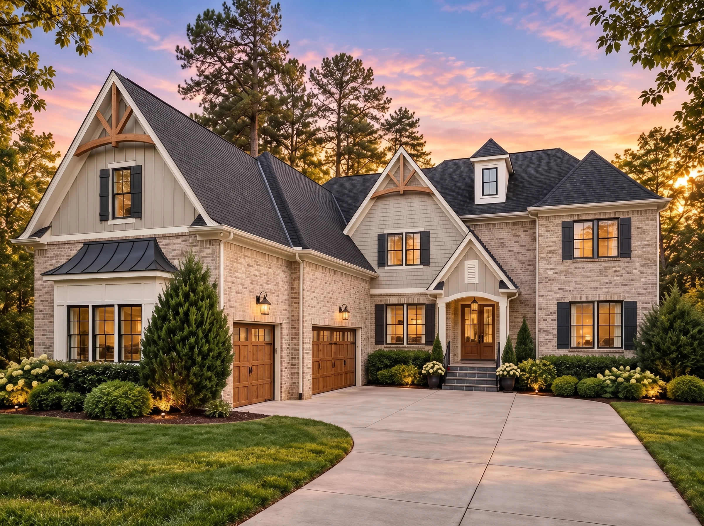 Plan  15-1243 – Aster Woods Cottage  | New American – 4-Bed, 5-Bath, 5,052 SF - Natural Brick, AI-generated exterior concept
