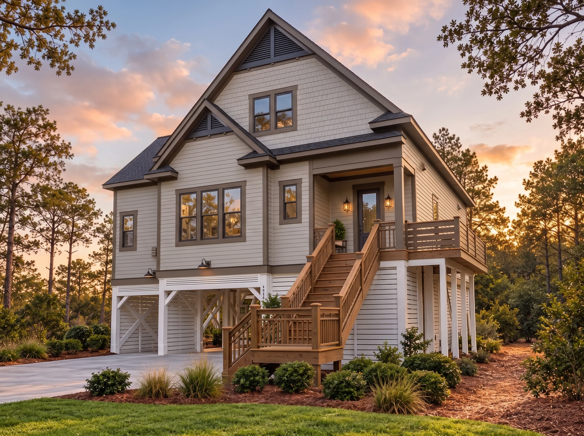 Plan  15-1288 – Auburn Run Farmhouse  | Coastal – 3-Bed, 2.5-Bath, 2,684 SF - Mushroom Taupe, AI-generated exterior concept