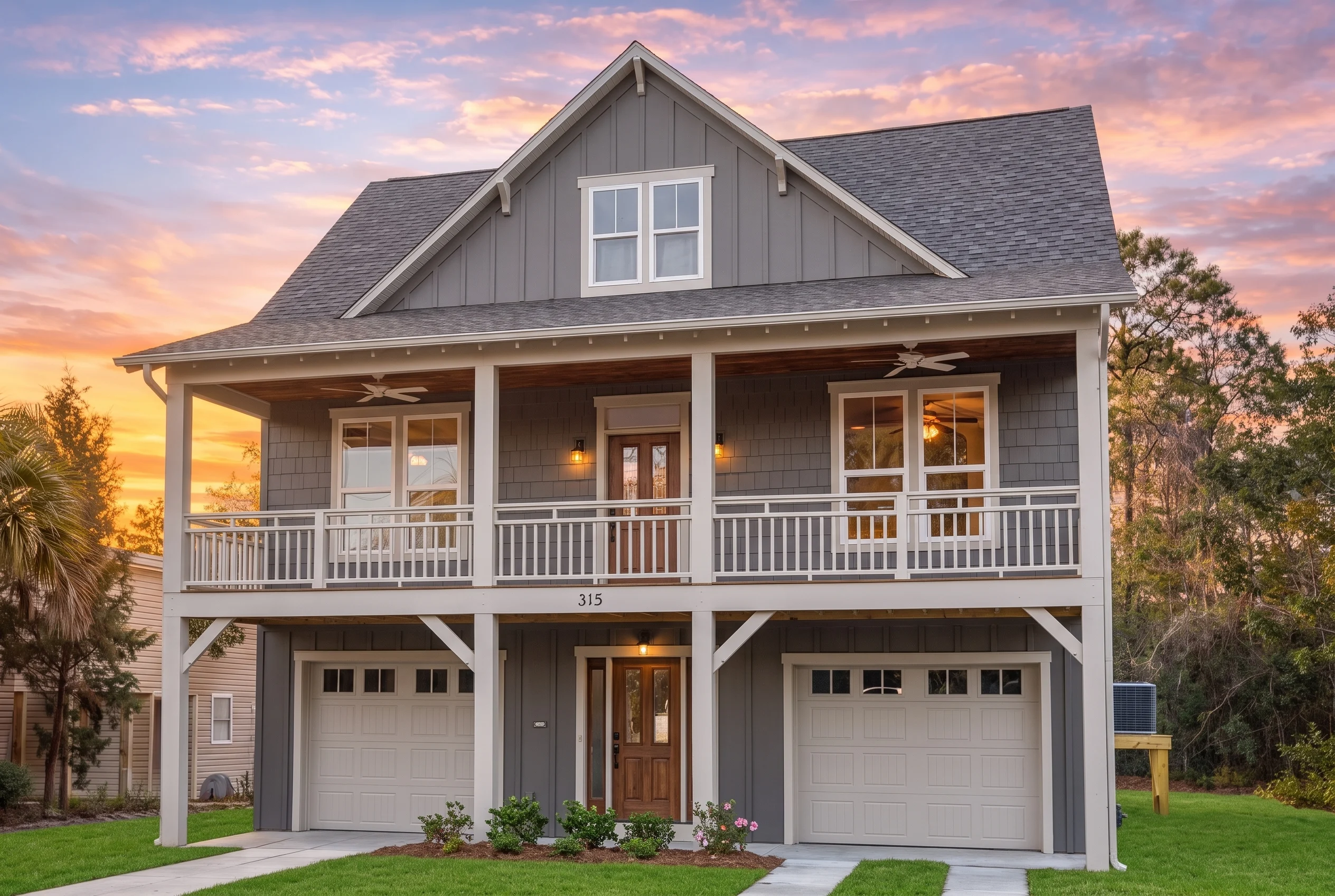 Plan  15-1340 – Auburn Brook Lodge |  Low Country Coastal – 4-Bed, 3.5-Bath, 2,368 SF - Warm Charcoal, AI-generated exterior concept