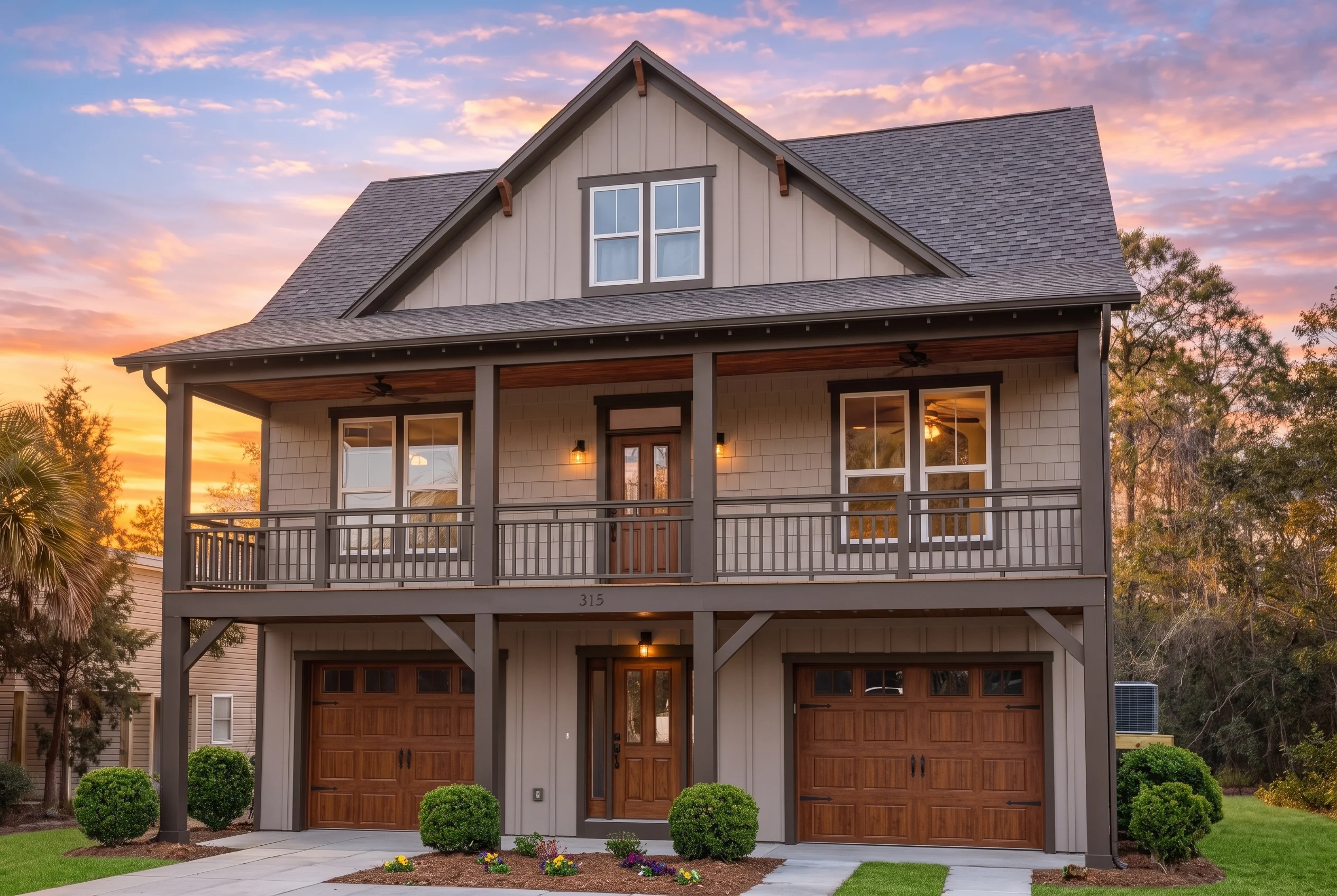 Plan  15-1340 – Auburn Brook Lodge |  Low Country Coastal – 4-Bed, 3.5-Bath, 2,368 SF - Mushroom Taupe, AI-generated exterior concept