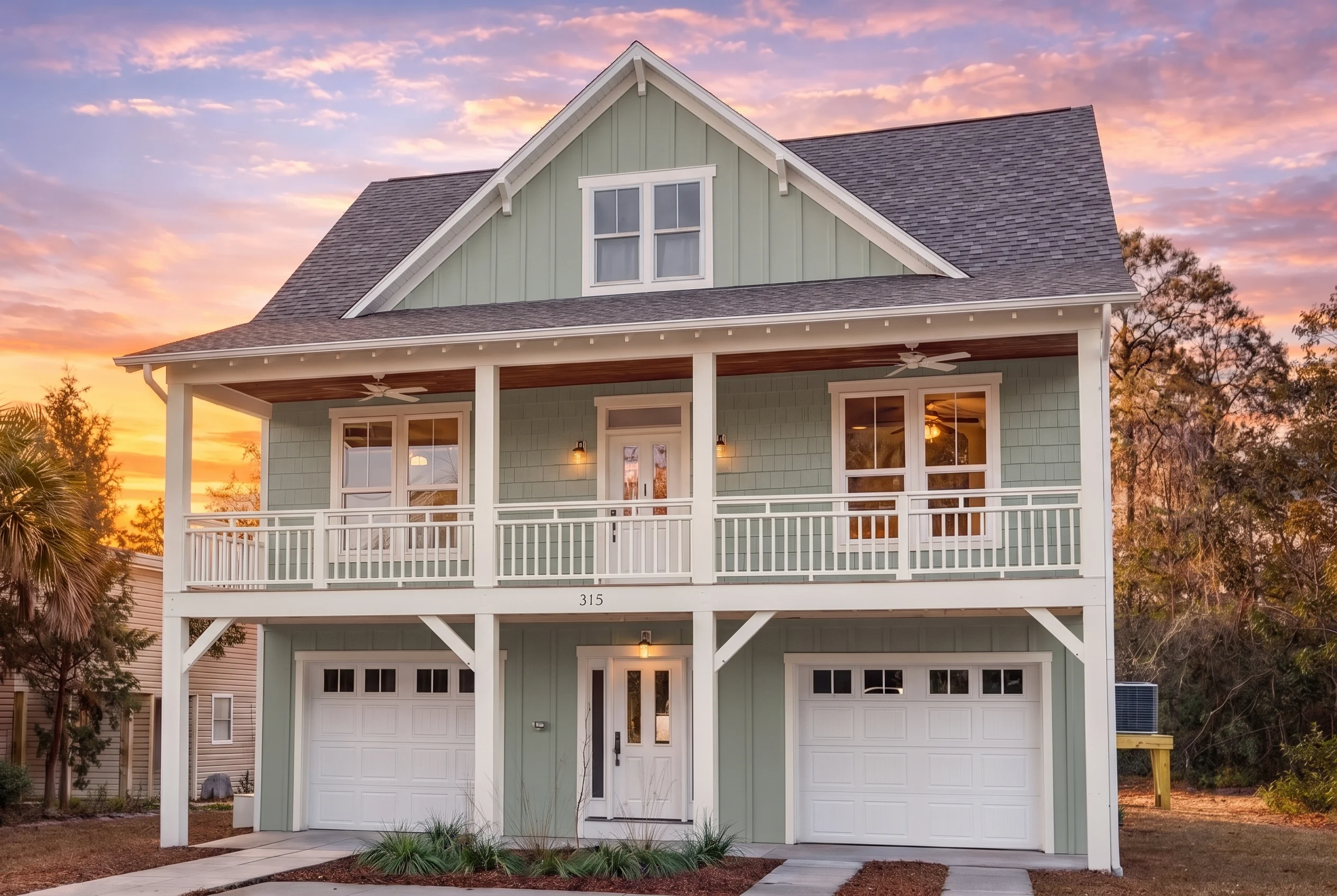 Plan  15-1340 – Auburn Brook Lodge |  Low Country Coastal – 4-Bed, 3.5-Bath, 2,368 SF - Muted Sage, AI-generated exterior concept