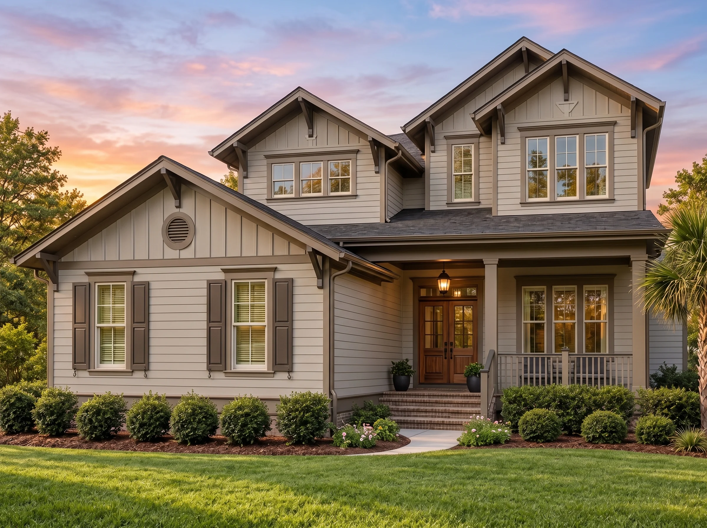 Plan  15-1314 – Auburn Pointe Homestead | Coastal Farmhouse – 4-Bed, 4.5-Bath, 3,761 SF - Mushroom Taupe, AI-generated exterior concept