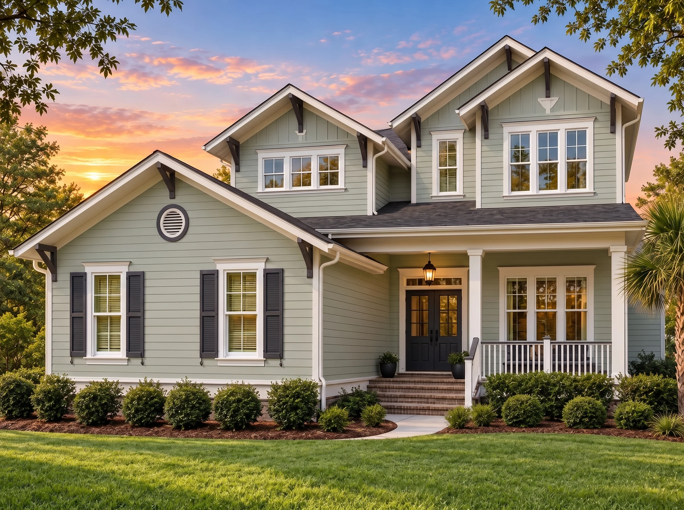Plan  15-1314 – Auburn Pointe Homestead | Coastal Farmhouse – 4-Bed, 4.5-Bath, 3,761 SF - Muted Sage, AI-generated exterior concept