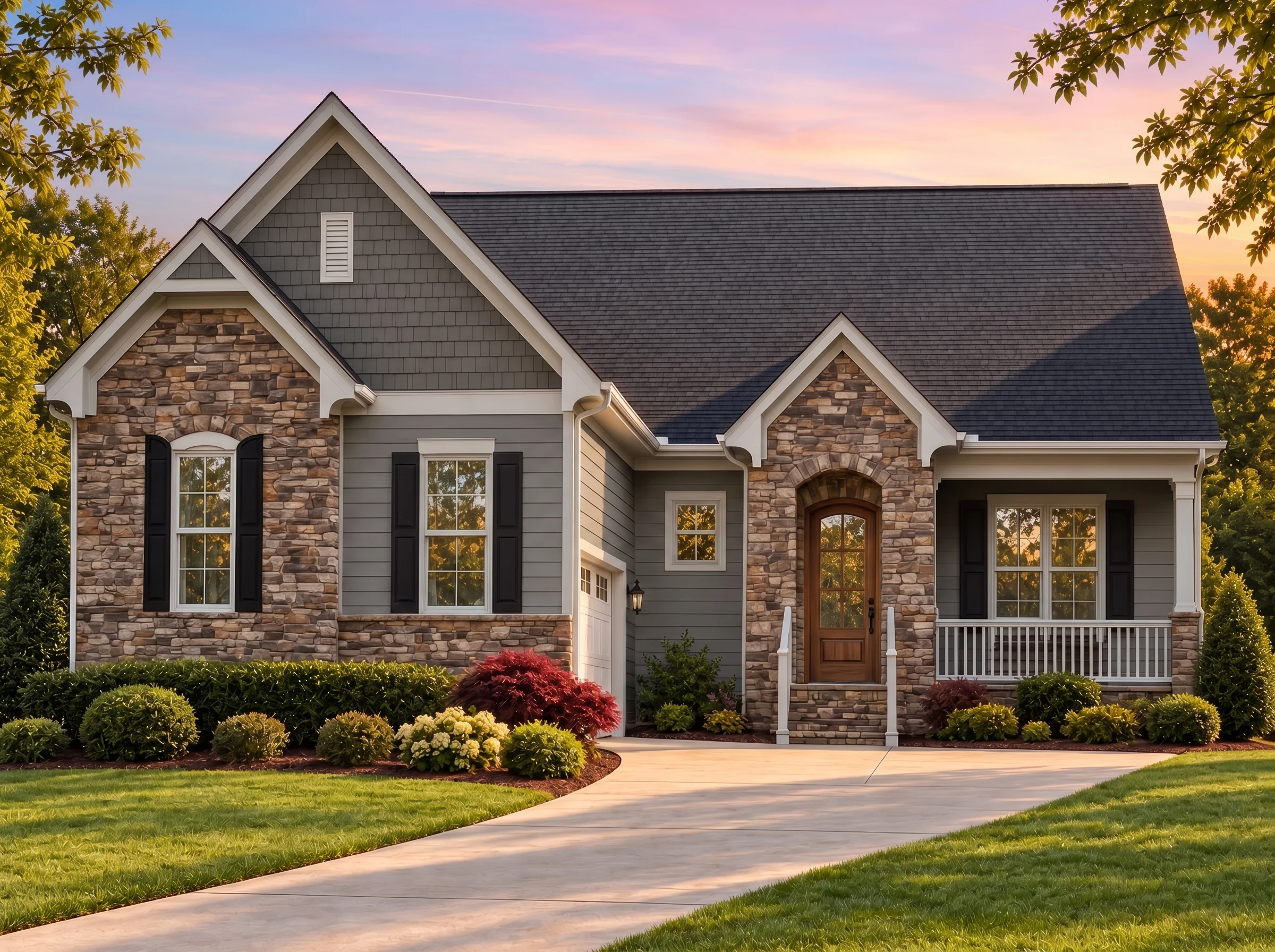 Plan  15-1308B – Aster Harbor Cottage  | New American – 3-Bed, 3.5-Bath, 2,587 SF - Warm Charcoal, AI-generated exterior concept