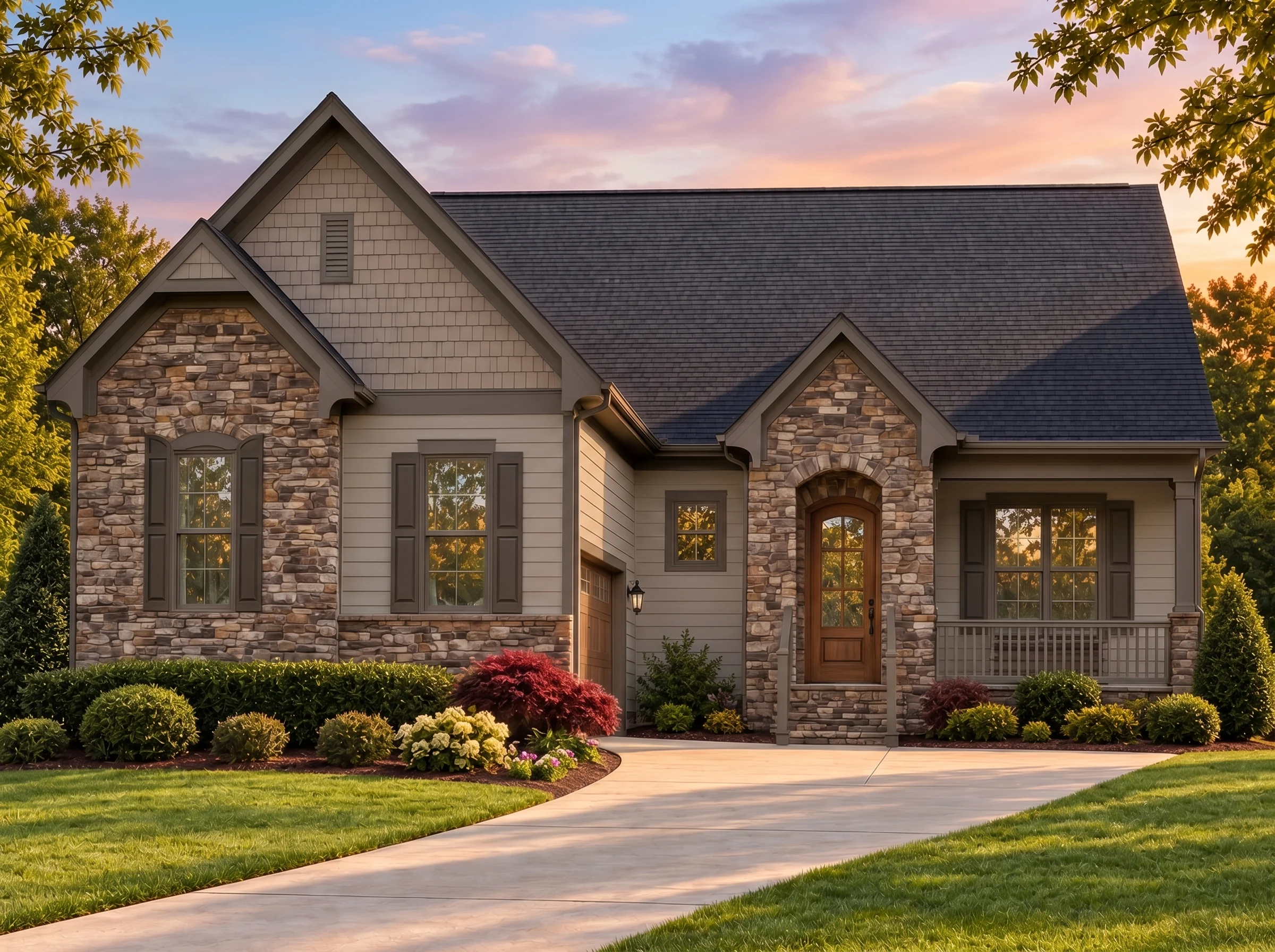 Plan  15-1308B – Aster Harbor Cottage  | New American – 3-Bed, 3.5-Bath, 2,587 SF - Mushroom Taupe, AI-generated exterior concept
