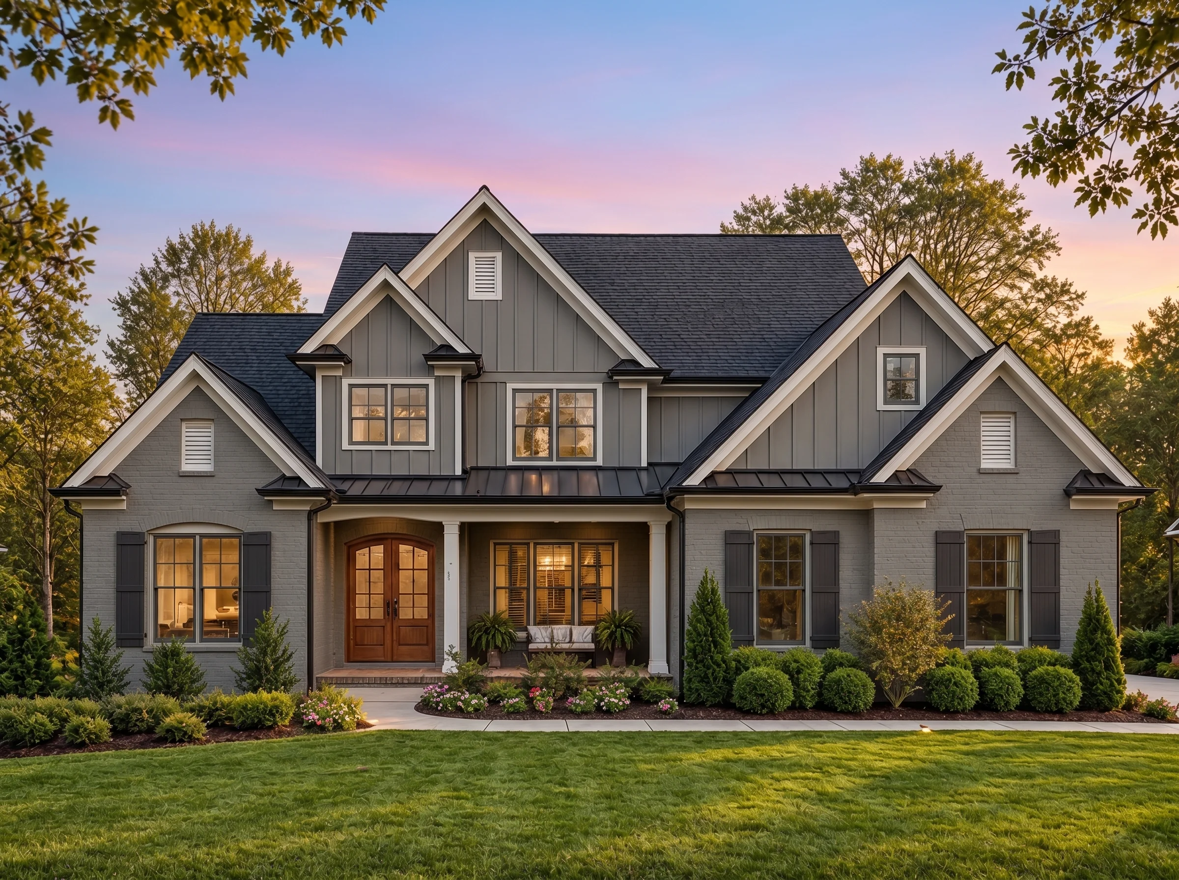 Plan  15-1348 – Aster Hollow Estate  | New American – 5-Bed, 5-Bath, 5,193 SF - Warm Charcoal, AI-generated exterior concept