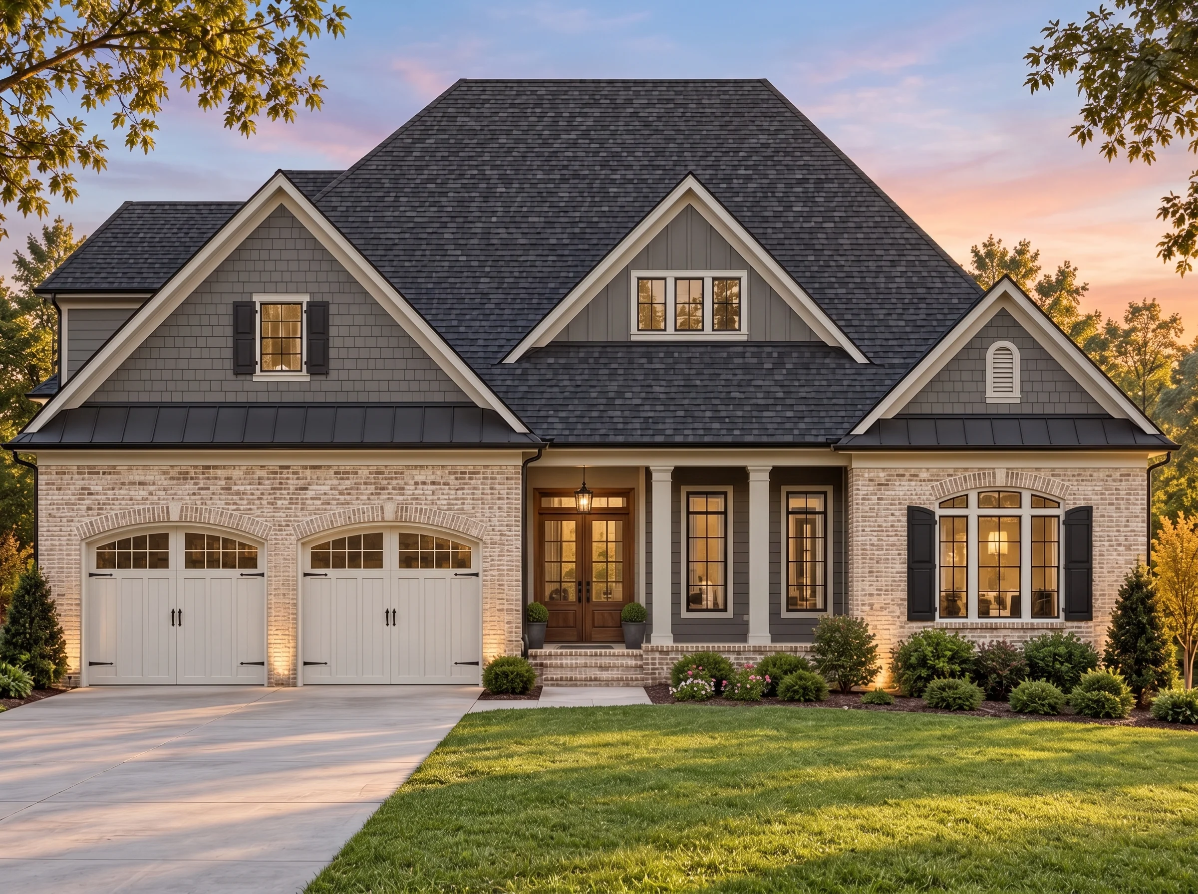 Plan  15-1356 – Birch Grove Manor |  New American – 3-Bed, 3.5-Bath, 4,500 SF - Warm Charcoal, AI-generated exterior concept
