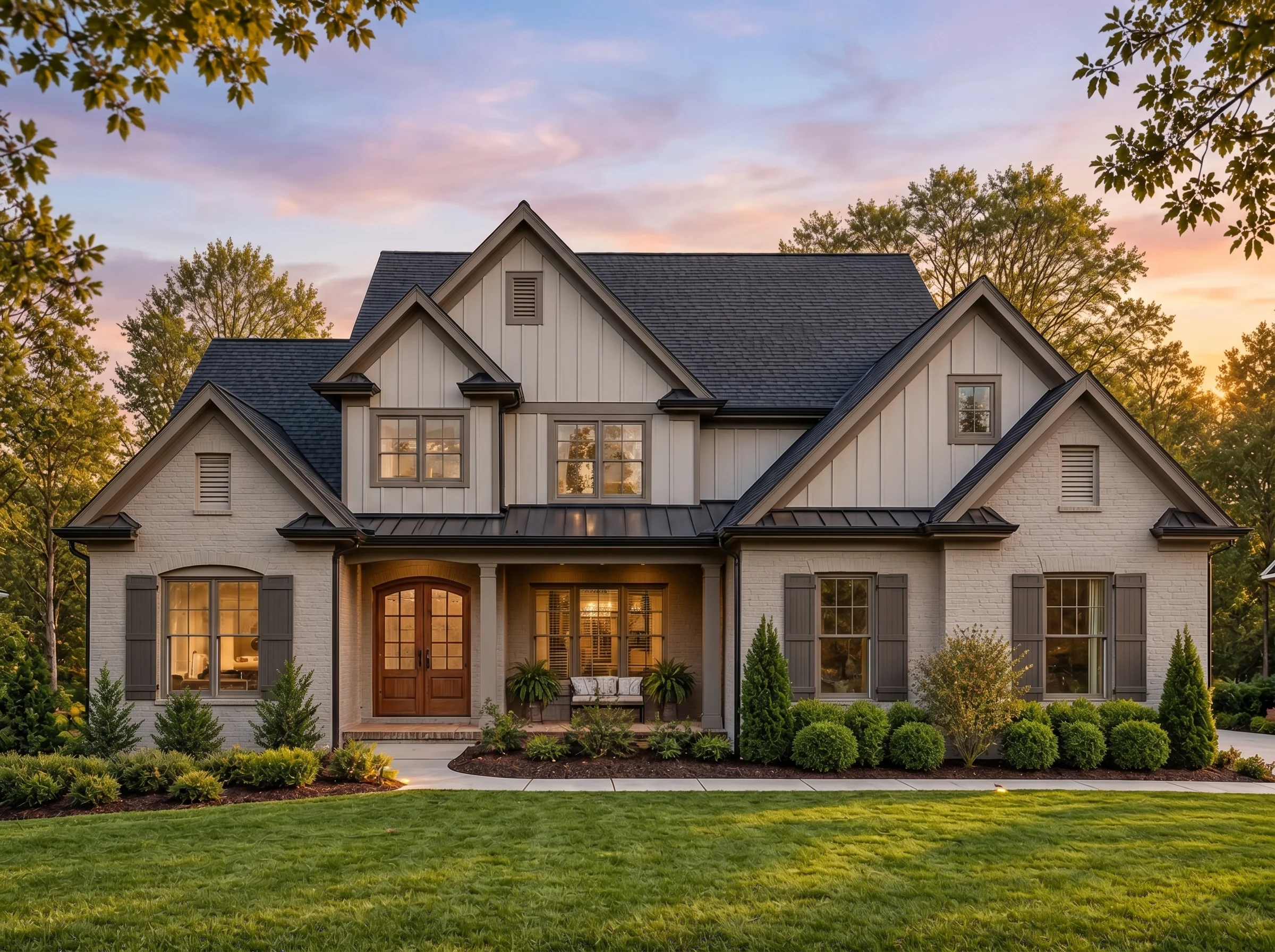 Plan  15-1348 – Aster Hollow Estate  | New American – 5-Bed, 5-Bath, 5,193 SF - Mushroom Taupe, AI-generated exterior concept