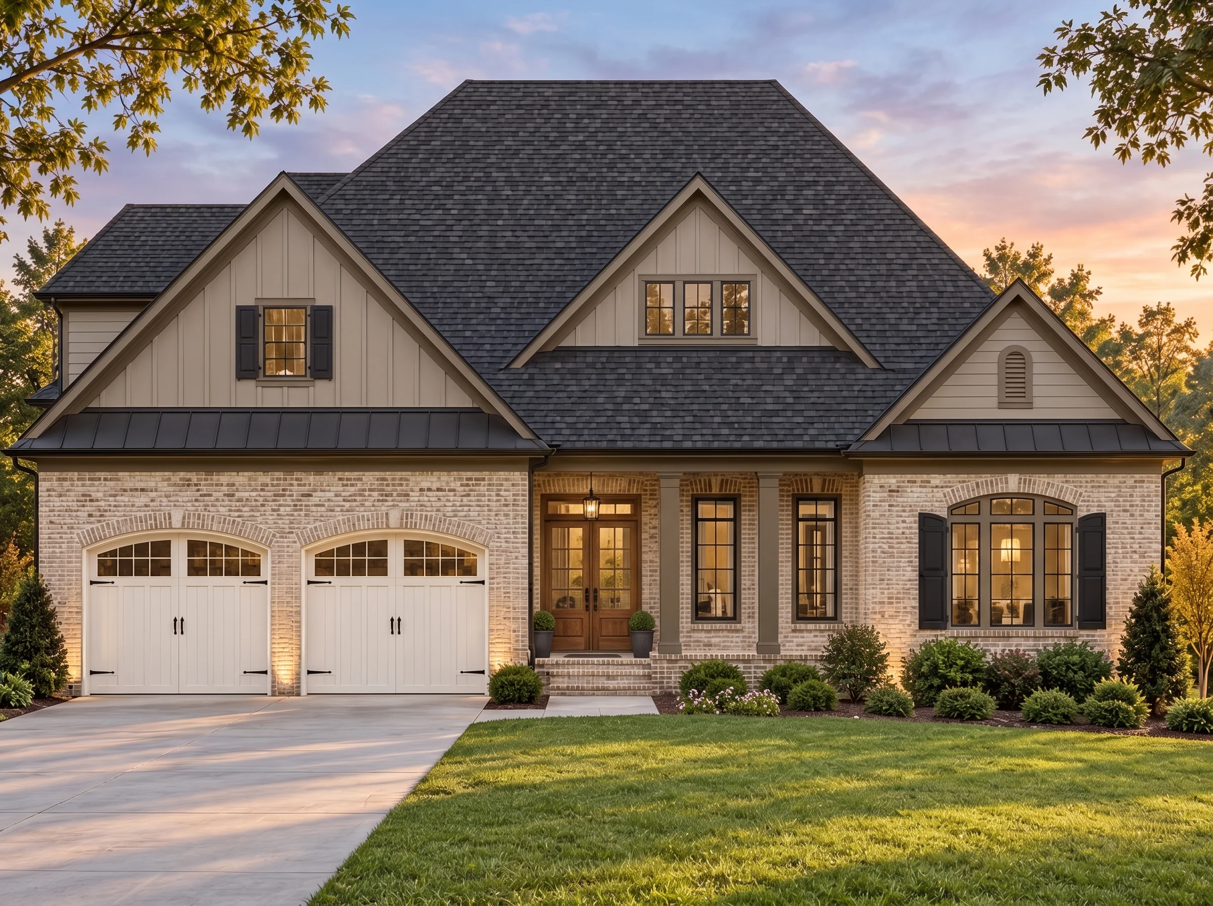 Plan  15-1356 – Birch Grove Manor |  New American – 3-Bed, 3.5-Bath, 4,500 SF - Mushroom Taupe, AI-generated exterior concept