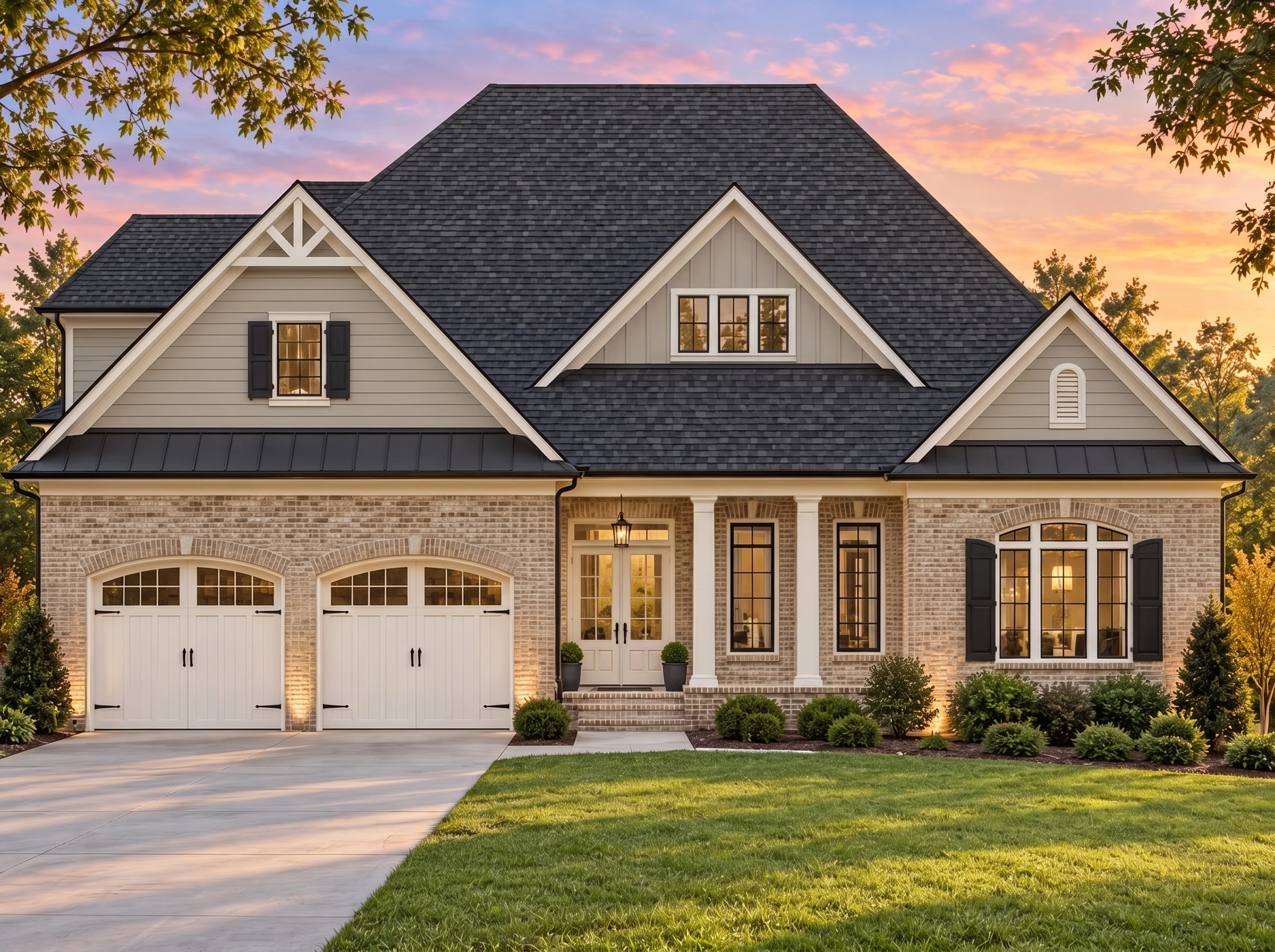 Plan  15-1356 – Birch Grove Manor |  New American – 3-Bed, 3.5-Bath, 4,500 SF - Natural Brick, AI-generated exterior concept