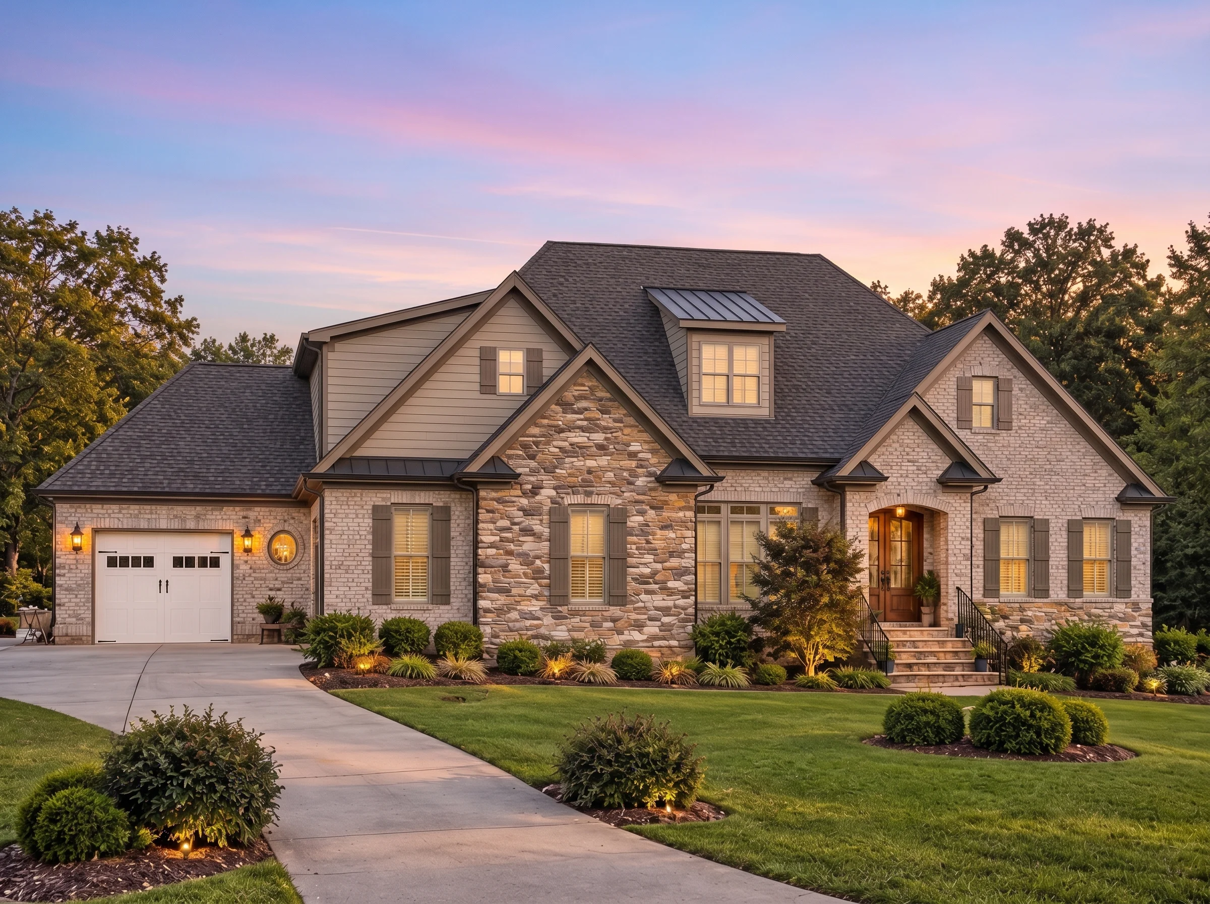 Plan  15-1423 – Aster Grove Lodge |  French Country – 4-Bed, 4.5-Bath, 3,110 SF - Mushroom Taupe, AI-generated exterior concept