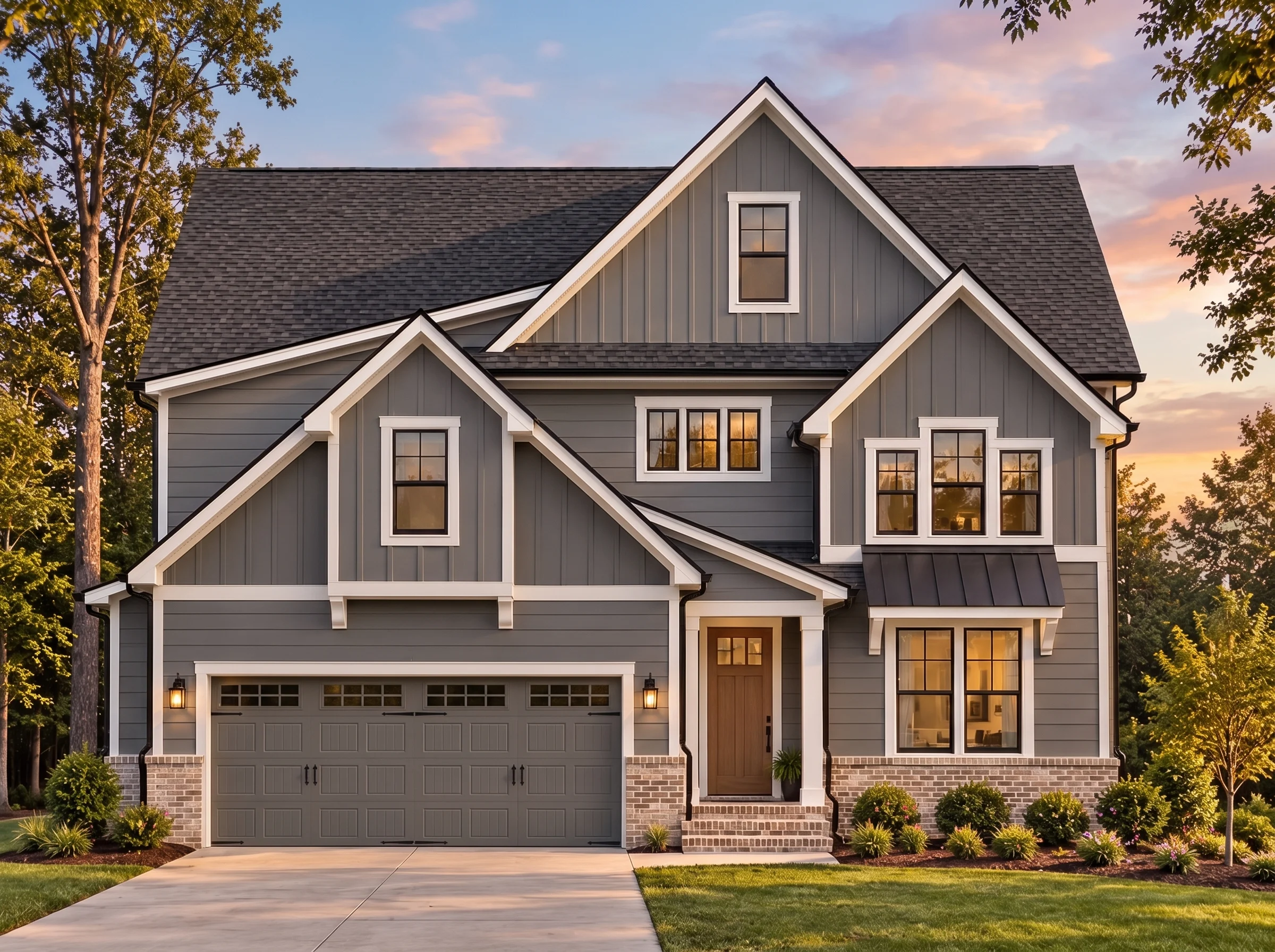 Plan  15-1429 – Aster Mill Farmhouse  | Modern Farmhouse – 4-Bed, 3-Bath, 5,496 SF - Warm Charcoal, AI-generated exterior concept