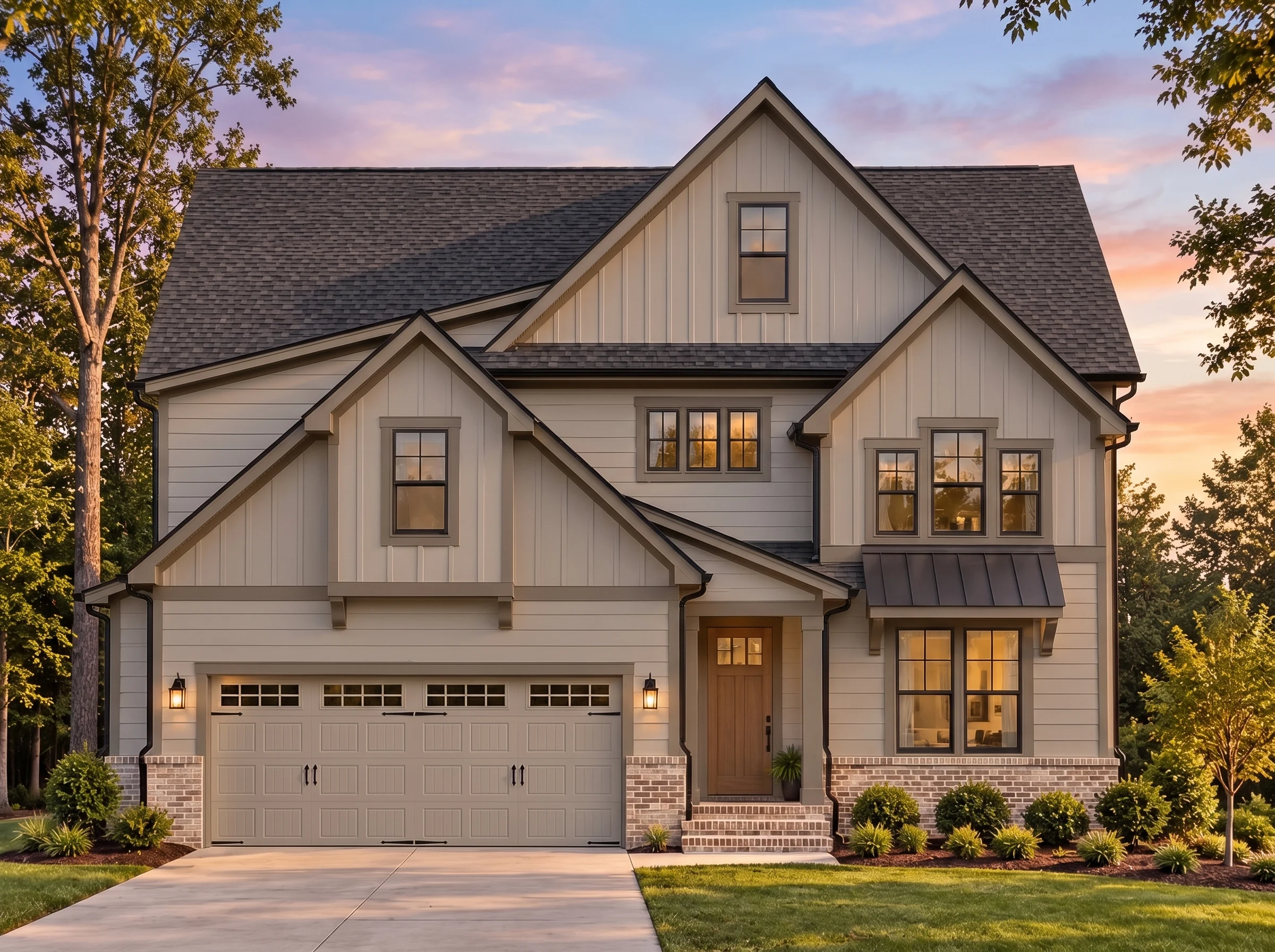 Plan  15-1429 – Aster Mill Farmhouse  | Modern Farmhouse – 4-Bed, 3-Bath, 5,496 SF - Mushroom Taupe, AI-generated exterior concept