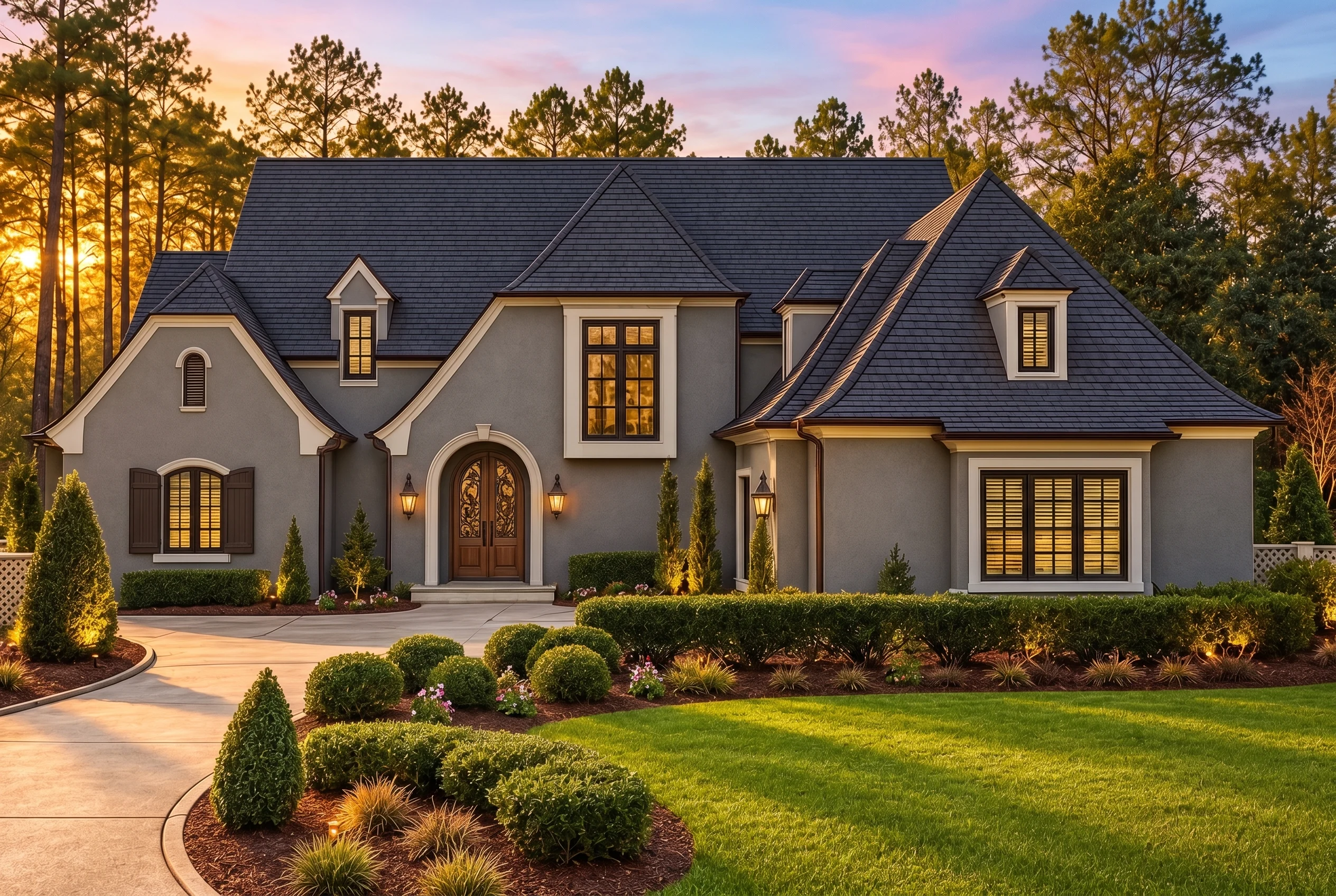 Plan  15-1434 – Aster View Farmhouse  | French Country – 5-Bed, 5-Bath, 4,547 SF - Warm Charcoal, AI-generated exterior concept