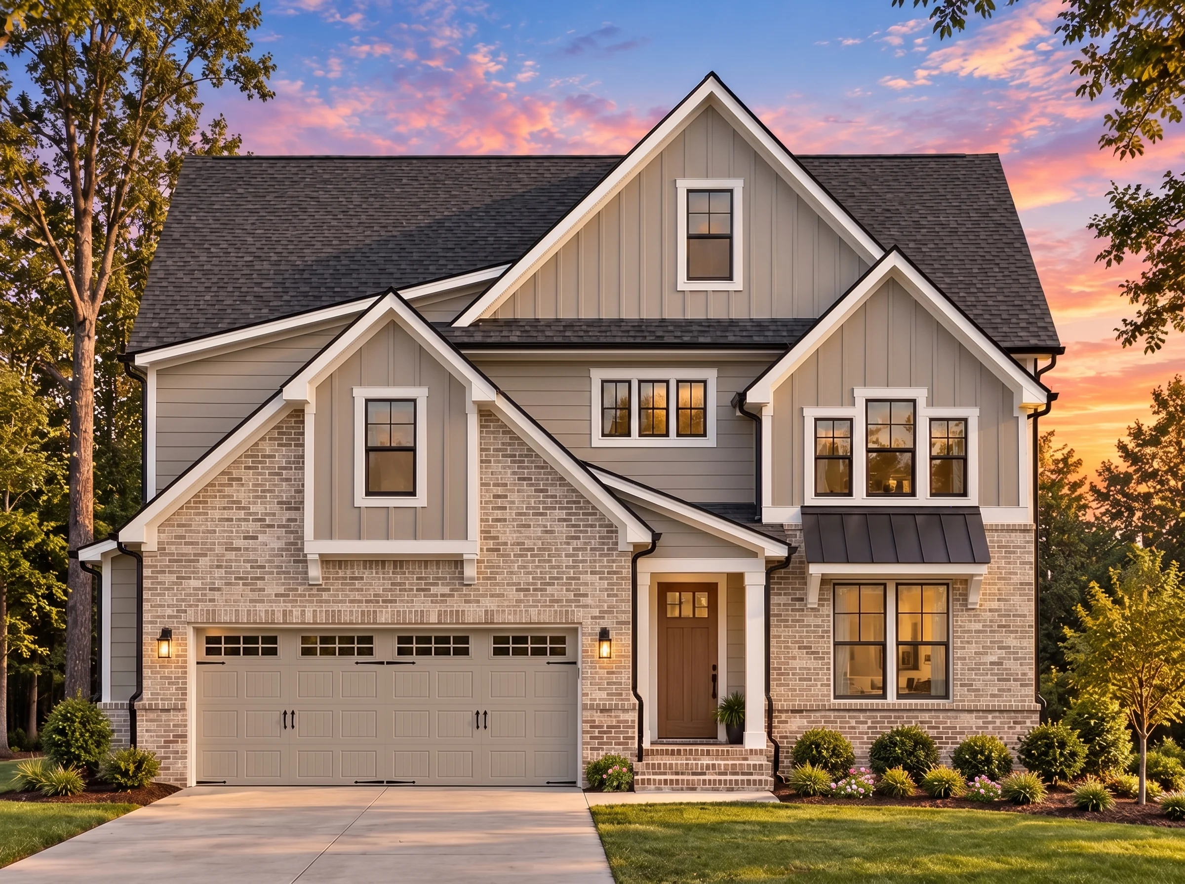Plan  15-1429 – Aster Mill Farmhouse  | Modern Farmhouse – 4-Bed, 3-Bath, 5,496 SF - Natural Brick, AI-generated exterior concept