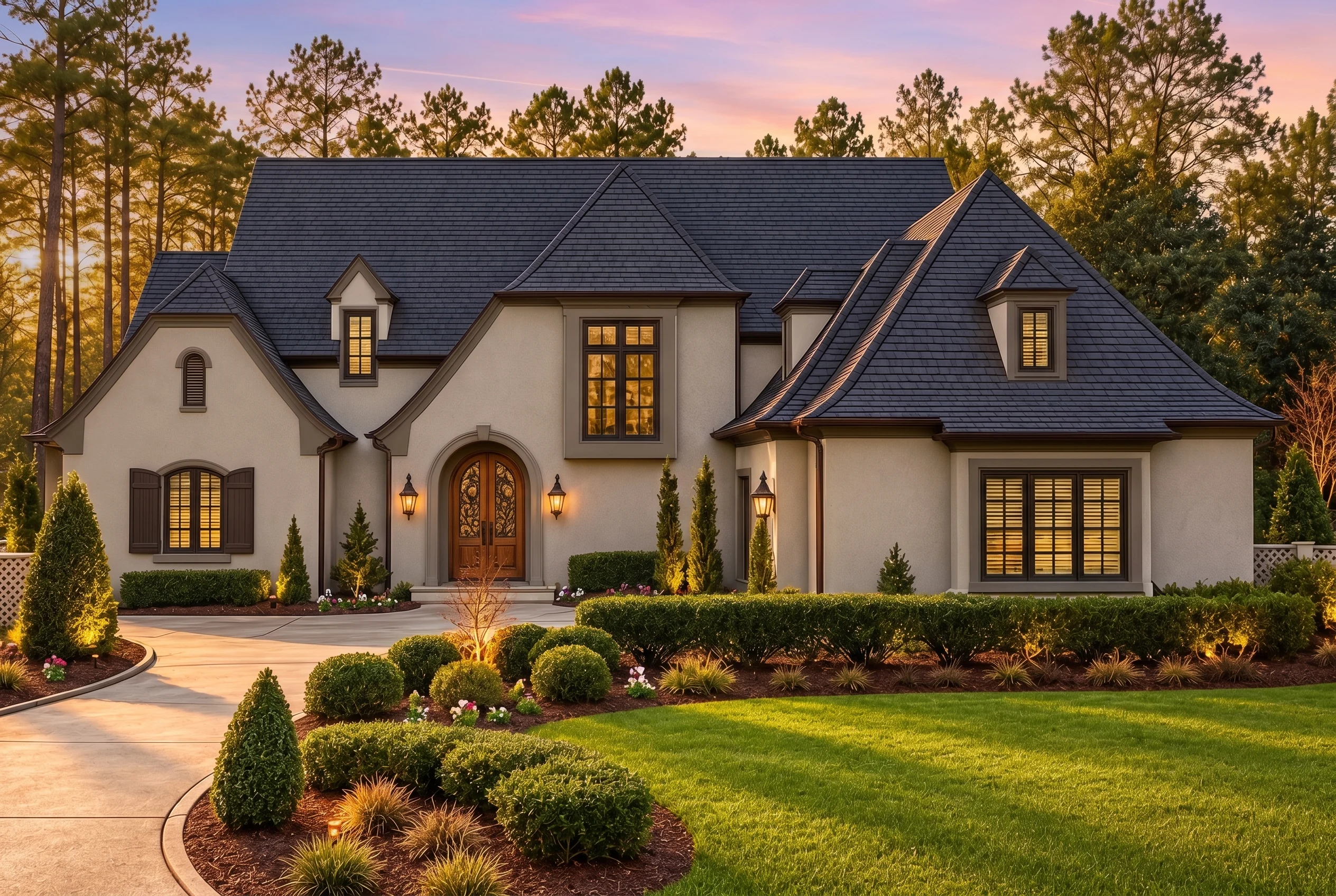 Plan  15-1434 – Aster View Farmhouse  | French Country – 5-Bed, 5-Bath, 4,547 SF - Mushroom Taupe, AI-generated exterior concept