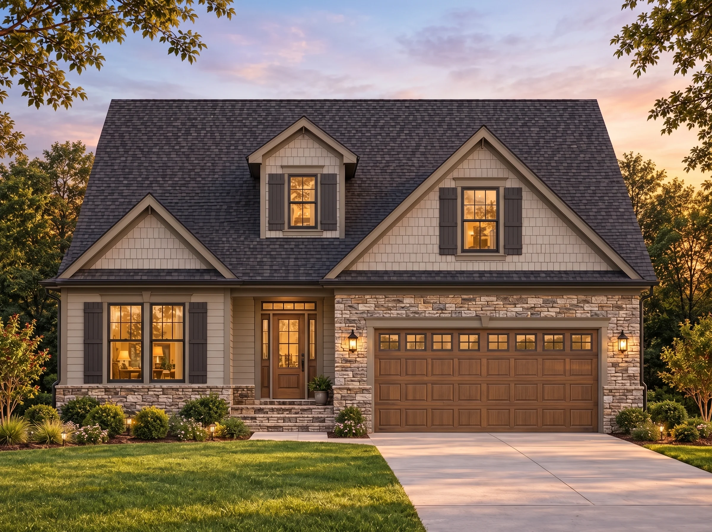 Plan  15-1436 – Auburn Meadow Farmhouse | New American – 4-Bed, 3.5-Bath, 2,947 SF - Mushroom Taupe, AI-generated exterior concept