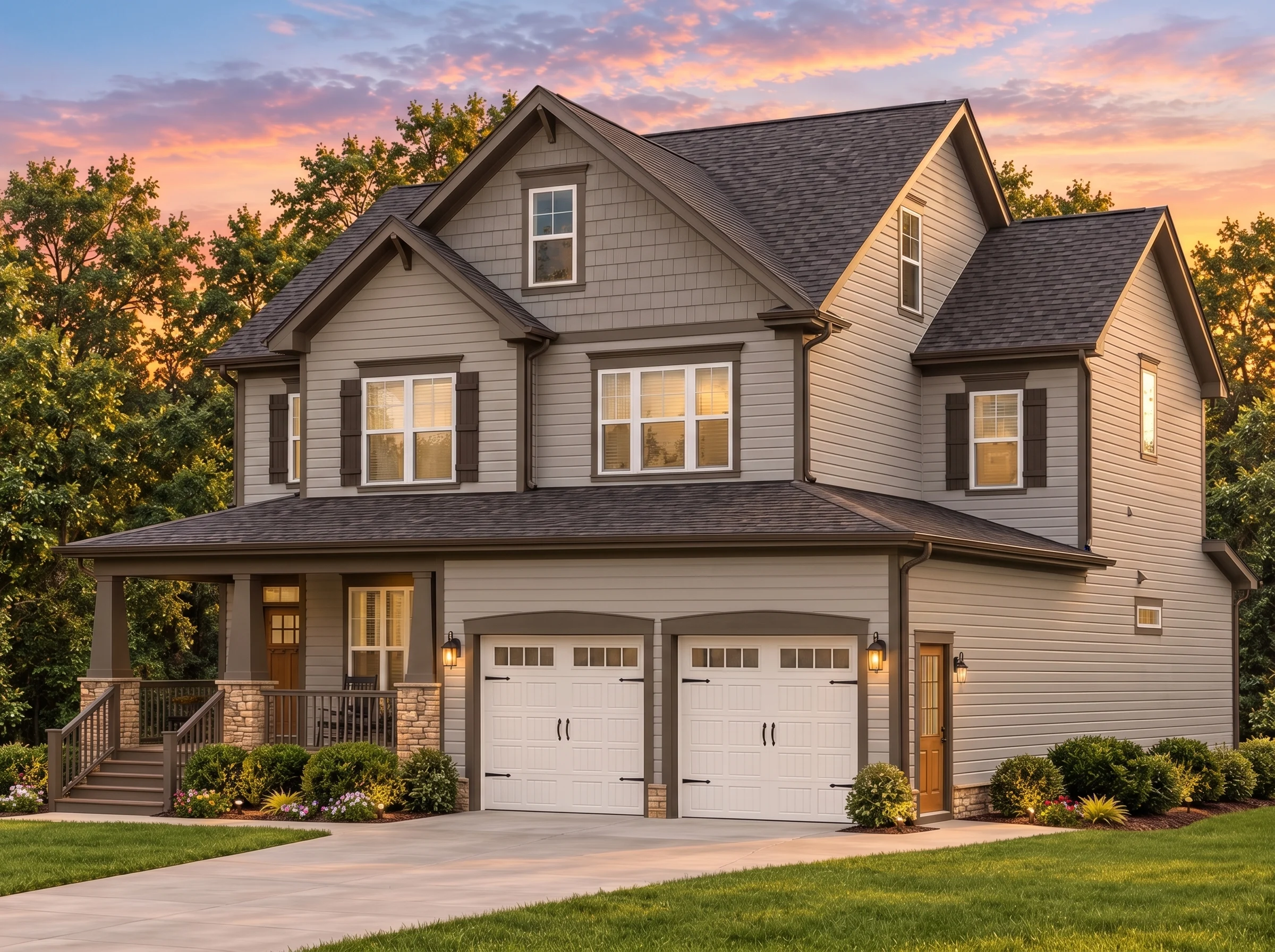 Plan  15-1461 – Aster Pass Farm |  New American – 3-Bed, 4-Bath, 3,080 SF - Mushroom Taupe, AI-generated exterior concept
