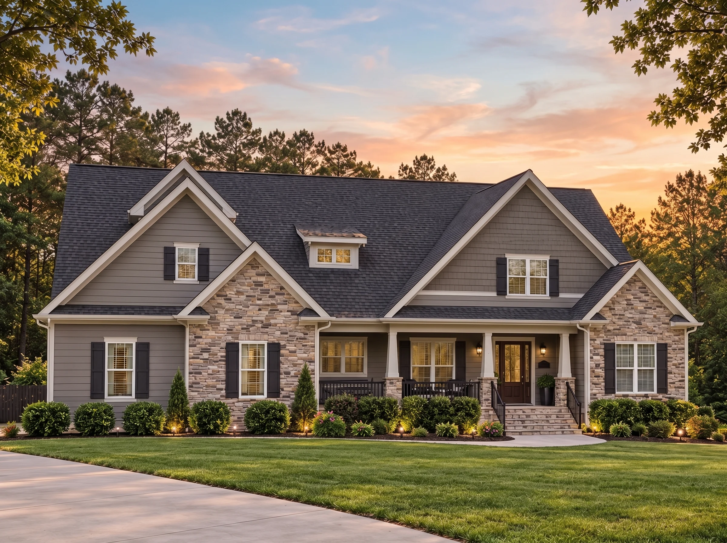 Plan  15-1477 – Auburn Pointe Haven  | Traditional New American – 4-Bed, 3-Bath, 2,757 SF - Warm Charcoal, AI-generated exterior concept