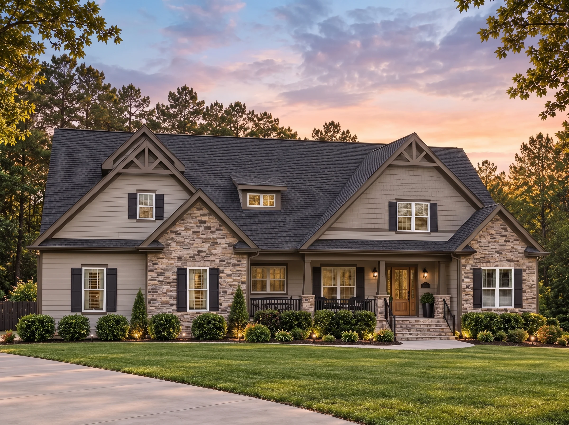 Plan  15-1477 – Auburn Pointe Haven  | Traditional New American – 4-Bed, 3-Bath, 2,757 SF - Mushroom Taupe, AI-generated exterior concept