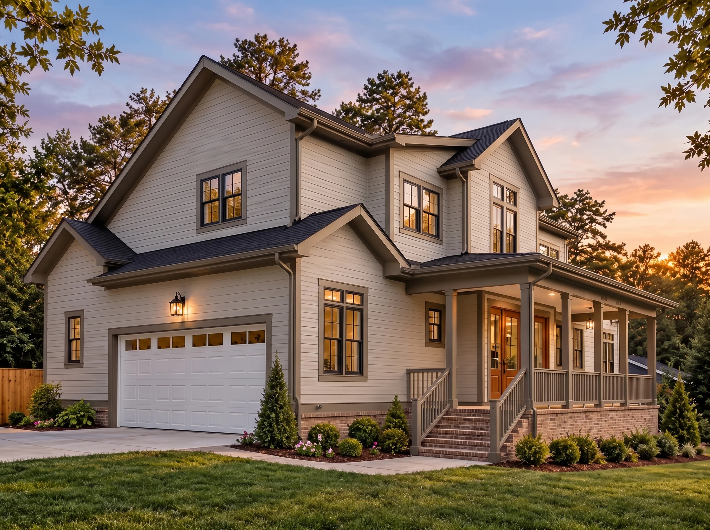 Plan  15-1490 – Result Retreat |  Colonial – 5-Bed, 5-Bath, 3,475 SF - Mushroom Taupe, AI-generated exterior concept