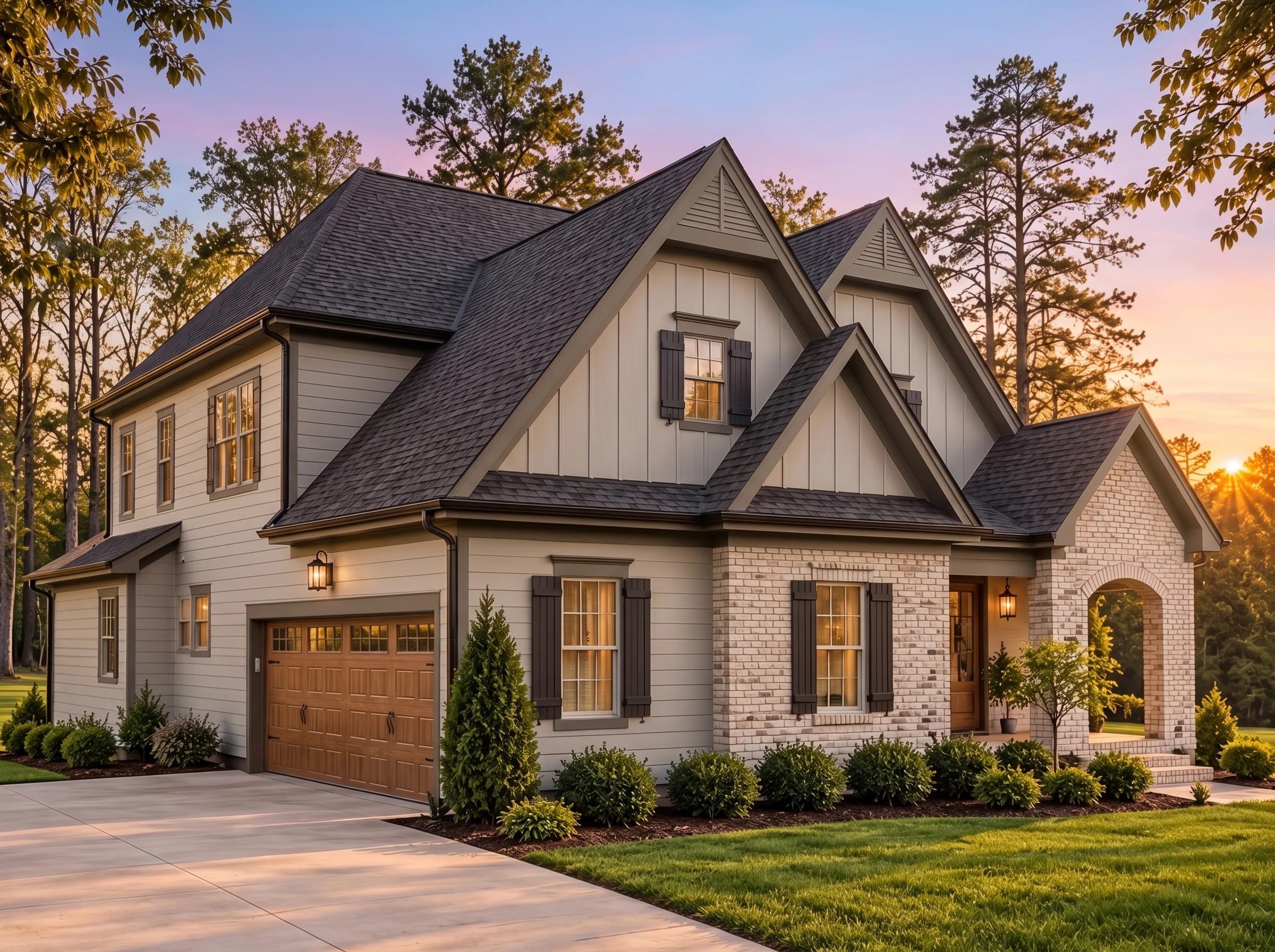 Plan  15-1492 – Chestnut Springs Estate | Modern Farmhouse – 4-Bed, 3.5-Bath, 3,422 SF - Mushroom Taupe, AI-generated exterior concept