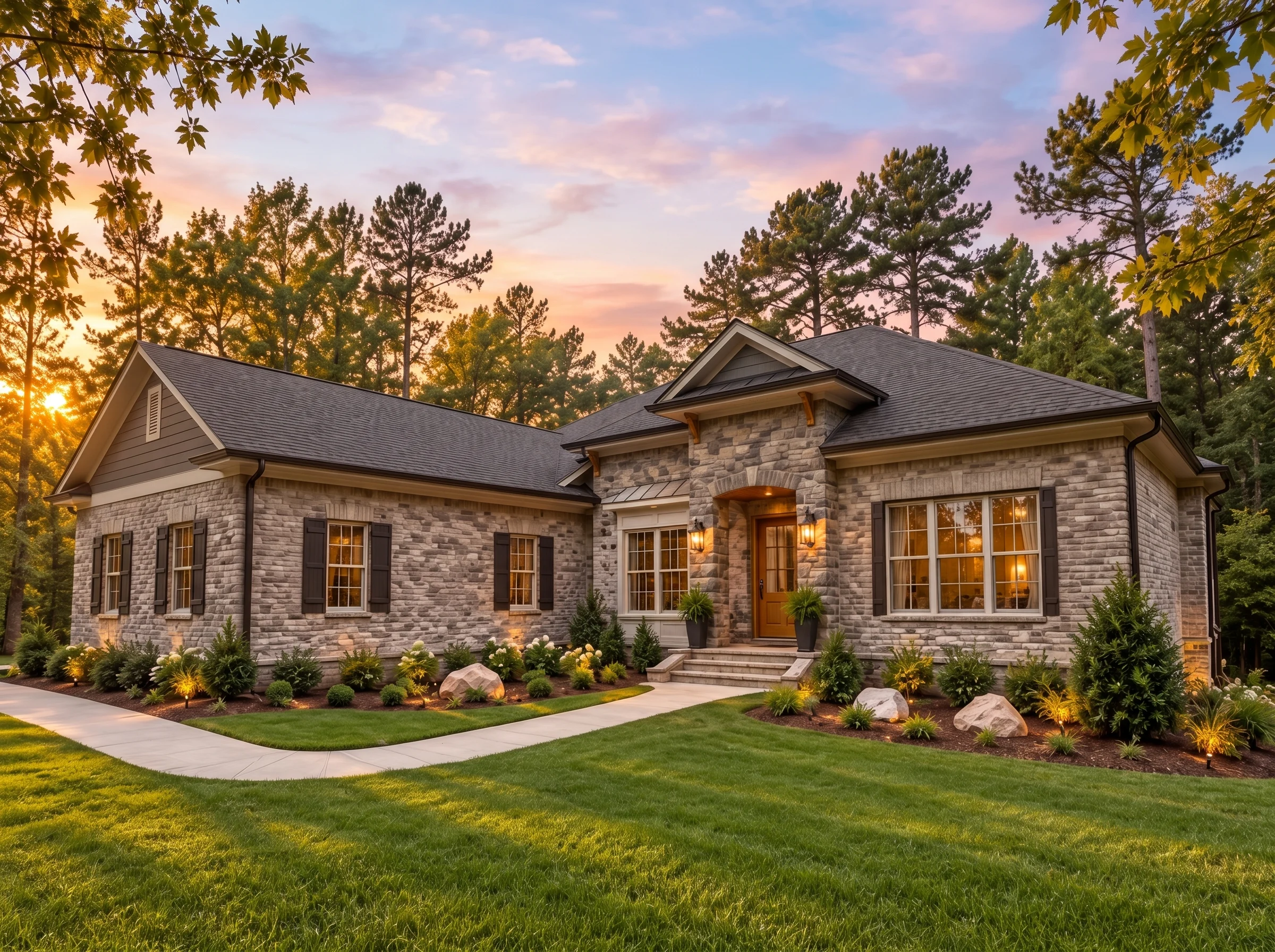 Plan  15-1528 – The Storm |  Traditional Ranch – 4-Bed, 3.5-Bath, 3,749 SF - Warm Charcoal, AI-generated exterior concept