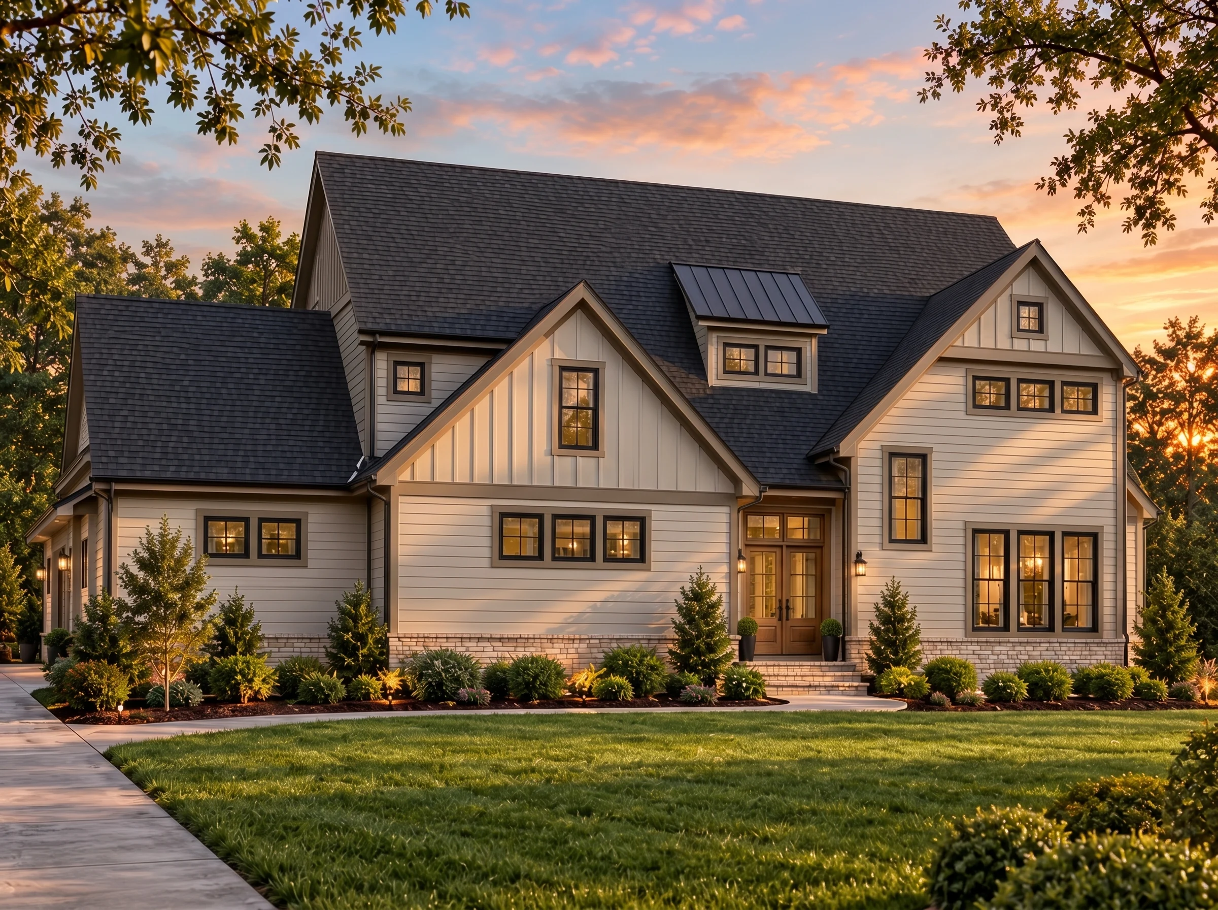 Plan  15-1531 – Padstow Cottage |  Modern Farmhouse – 4-Bed, 4.5-Bath, 3,311 SF - Mushroom Taupe, AI-generated exterior concept