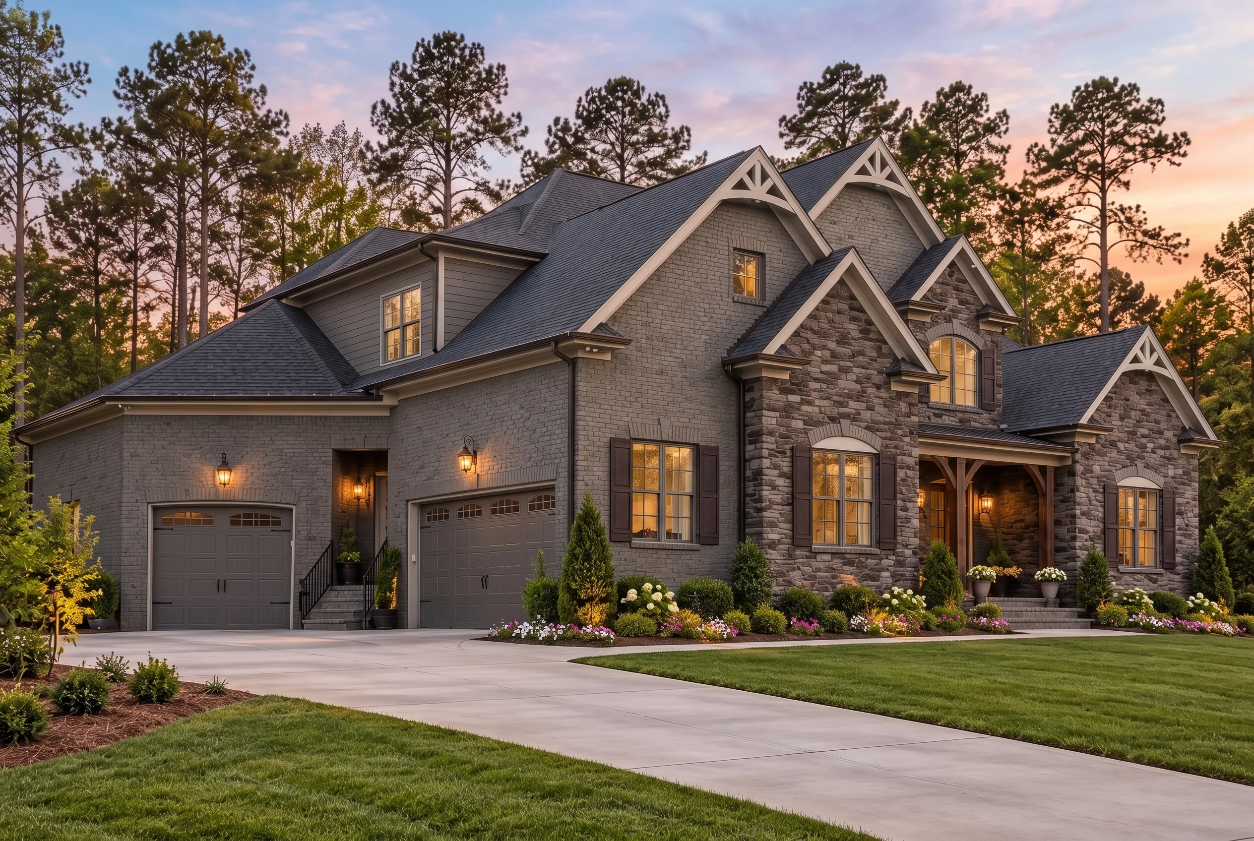 Plan  15-1532 – Sioux Falls Ranch |  French Country – 4-Bed, 4.5-Bath, 4,528 SF - Warm Charcoal, AI-generated exterior concept