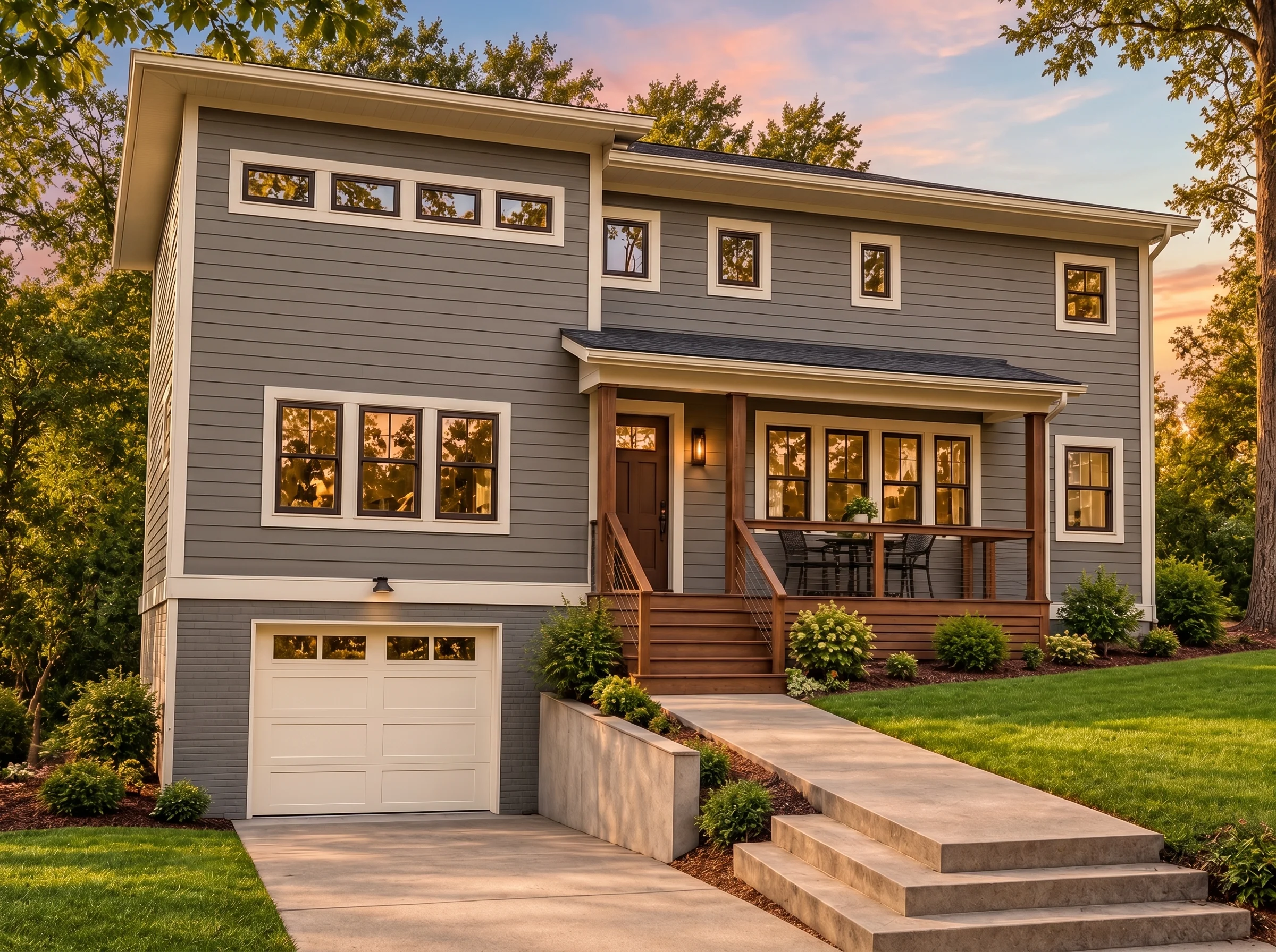 Plan  15-1538 – Laurel Creek Manor |  Contemporary – 3-Bed, 2.5-Bath, 2,685 SF - Warm Charcoal, AI-generated exterior concept