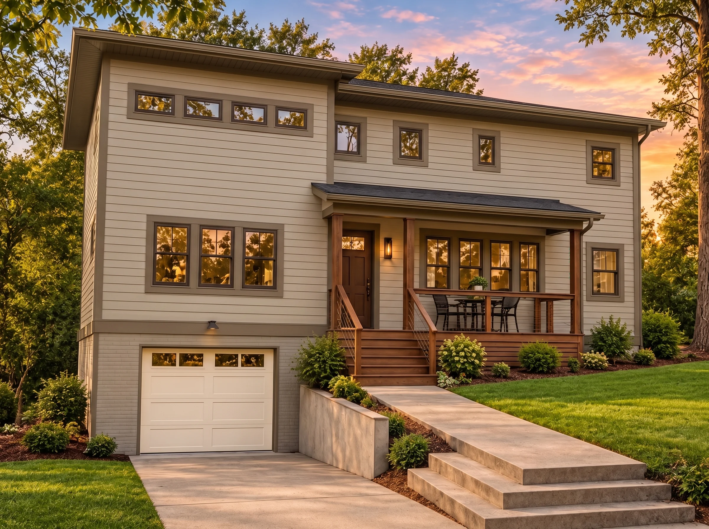 Plan  15-1538 – Laurel Creek Manor |  Contemporary – 3-Bed, 2.5-Bath, 2,685 SF - Mushroom Taupe, AI-generated exterior concept