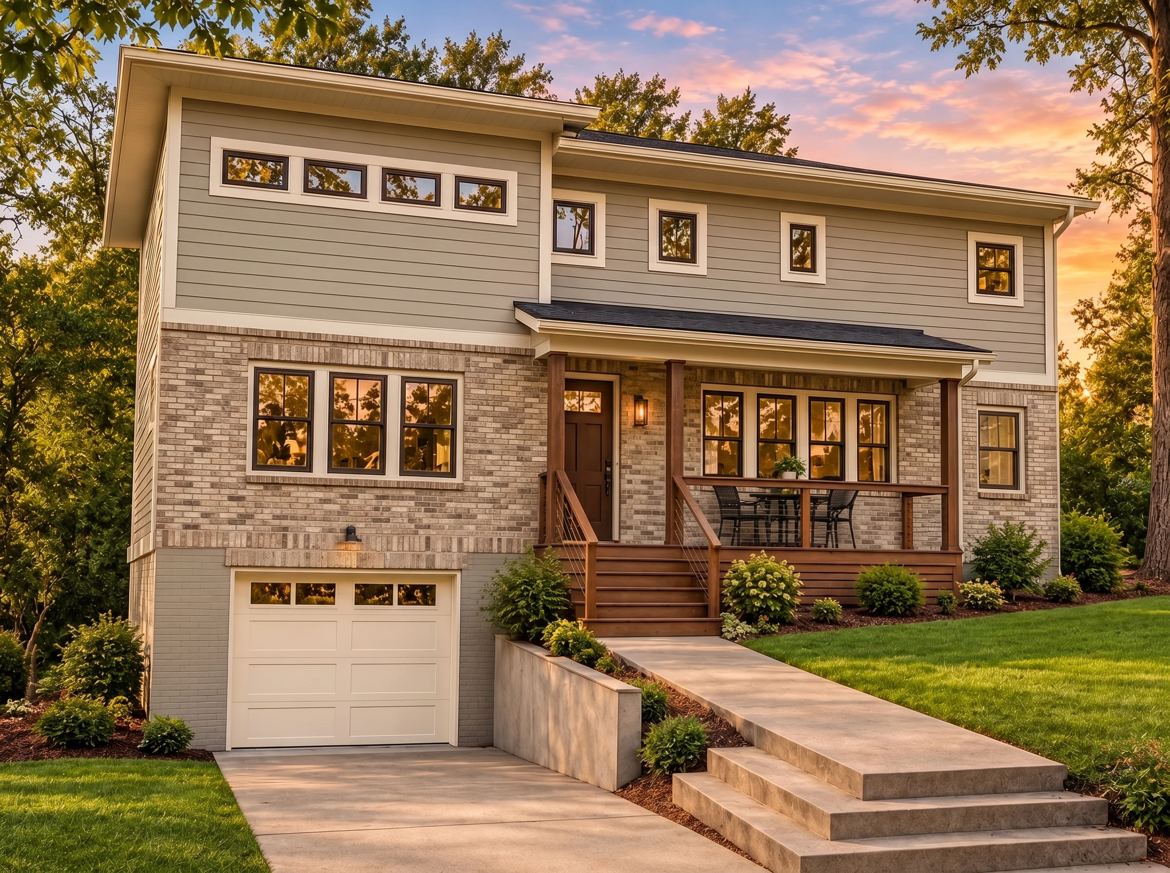 Plan  15-1538 – Laurel Creek Manor |  Contemporary – 3-Bed, 2.5-Bath, 2,685 SF - Natural Brick, AI-generated exterior concept
