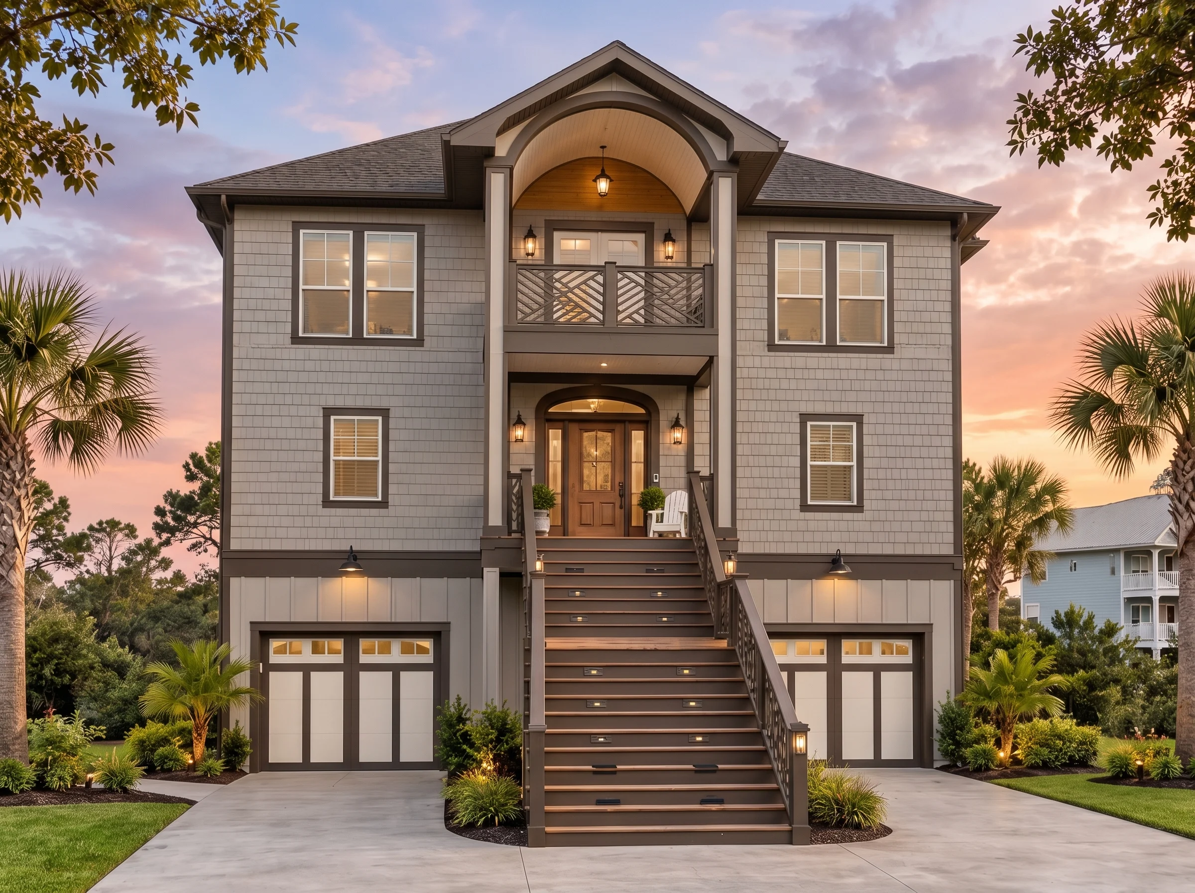 Plan  15-1544 – Auburn Terrace Chalet  | Coastal Traditional – 4-Bed, 5-Bath, 3,095 SF - Mushroom Taupe, AI-generated exterior concept